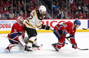 Josh Gorges blocks a shot.