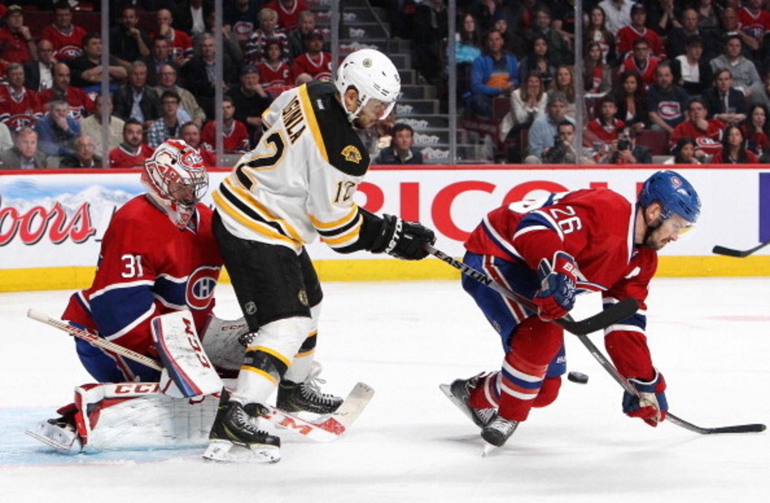 Josh Gorges blocks a shot.
