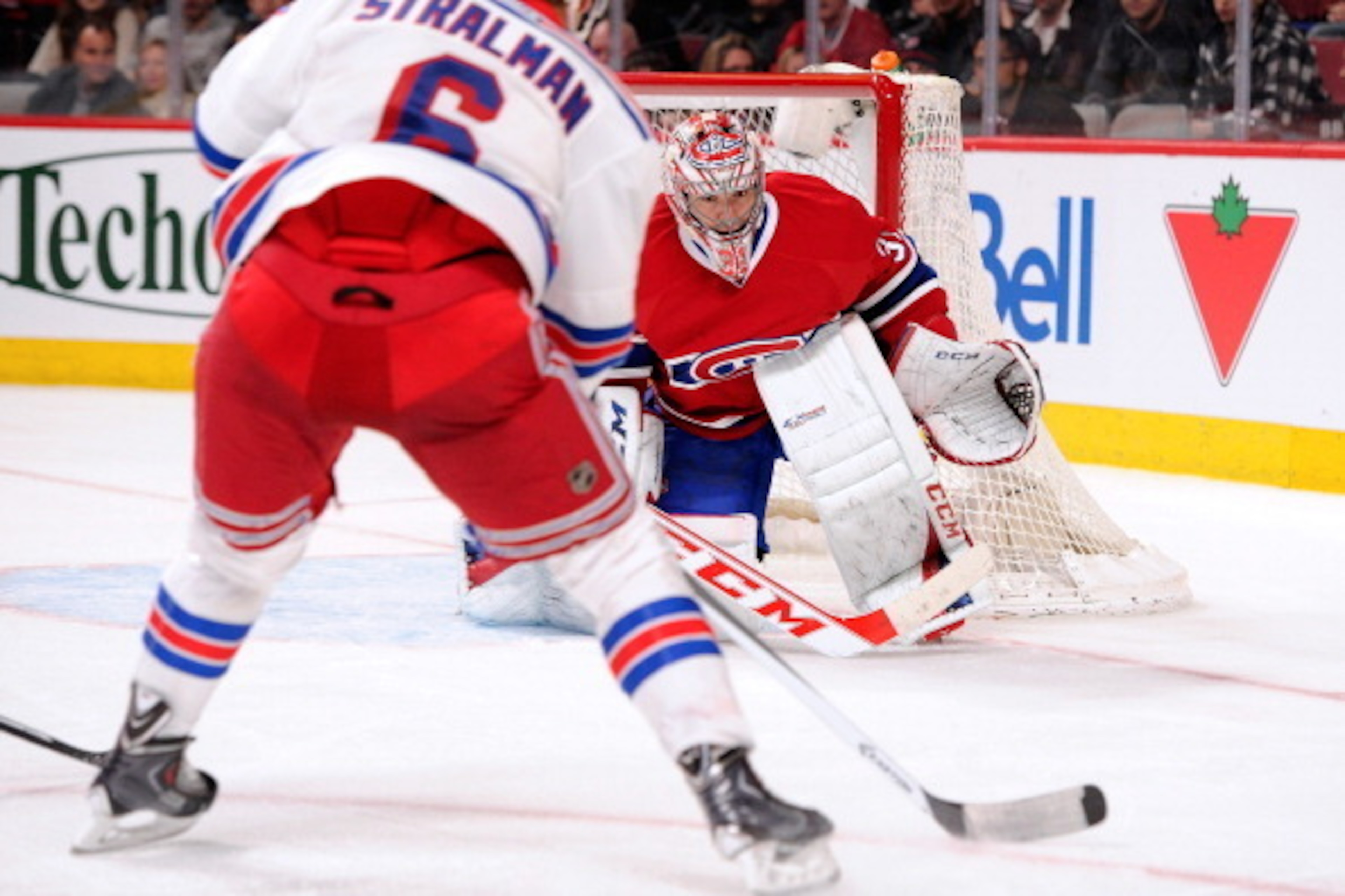 New York Rangers defenseman Anton Stralman skates in on Montreal Canadiens goaltender Carey Price. New York Rangers defenseman Anton Stralman skates in on Montreal Canadiens goaltender Carey Price.