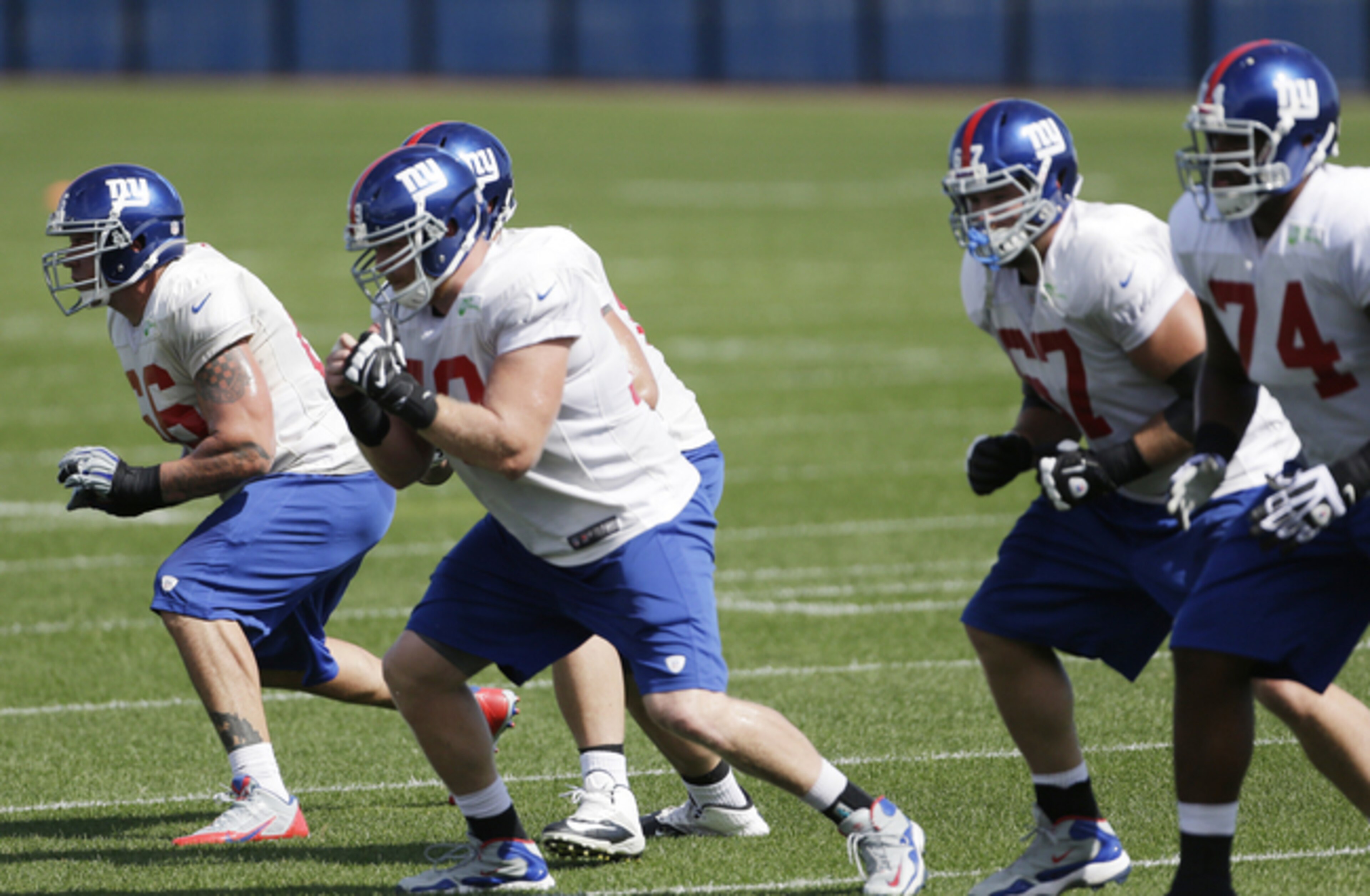 The Giants' starting offensive line might not be settled until the end of training camp. The Giants' starting offensive line might not be settled until the end of training camp.