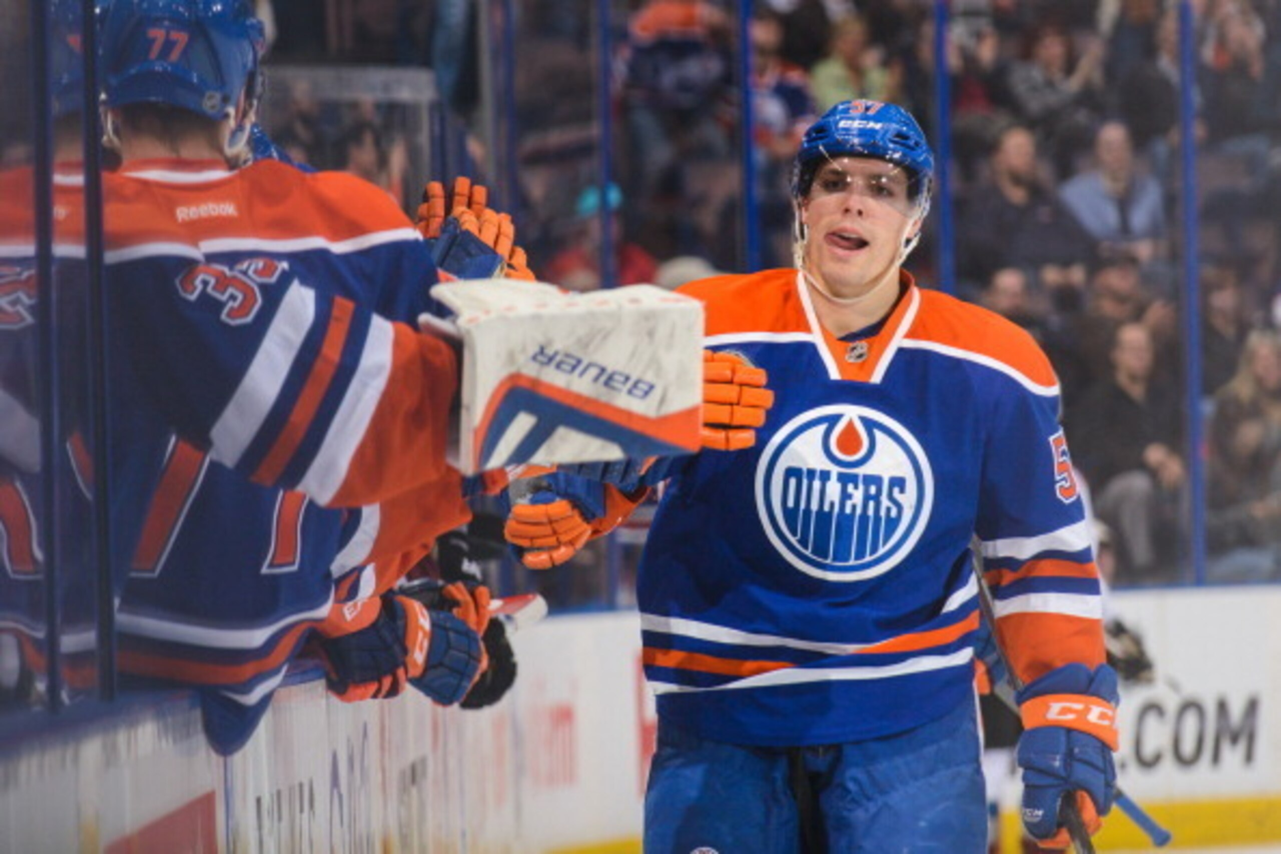 EDMONTON, AB - APRIL 8: David Perron #57 of the Edmonton Oilers celebrates after scoring against the Colorado Avalanche during an NHL game at Rexall Place on April 8, 2014 in Edmonton, Alberta, Canada. (Photo by Derek Leung/Getty Images)