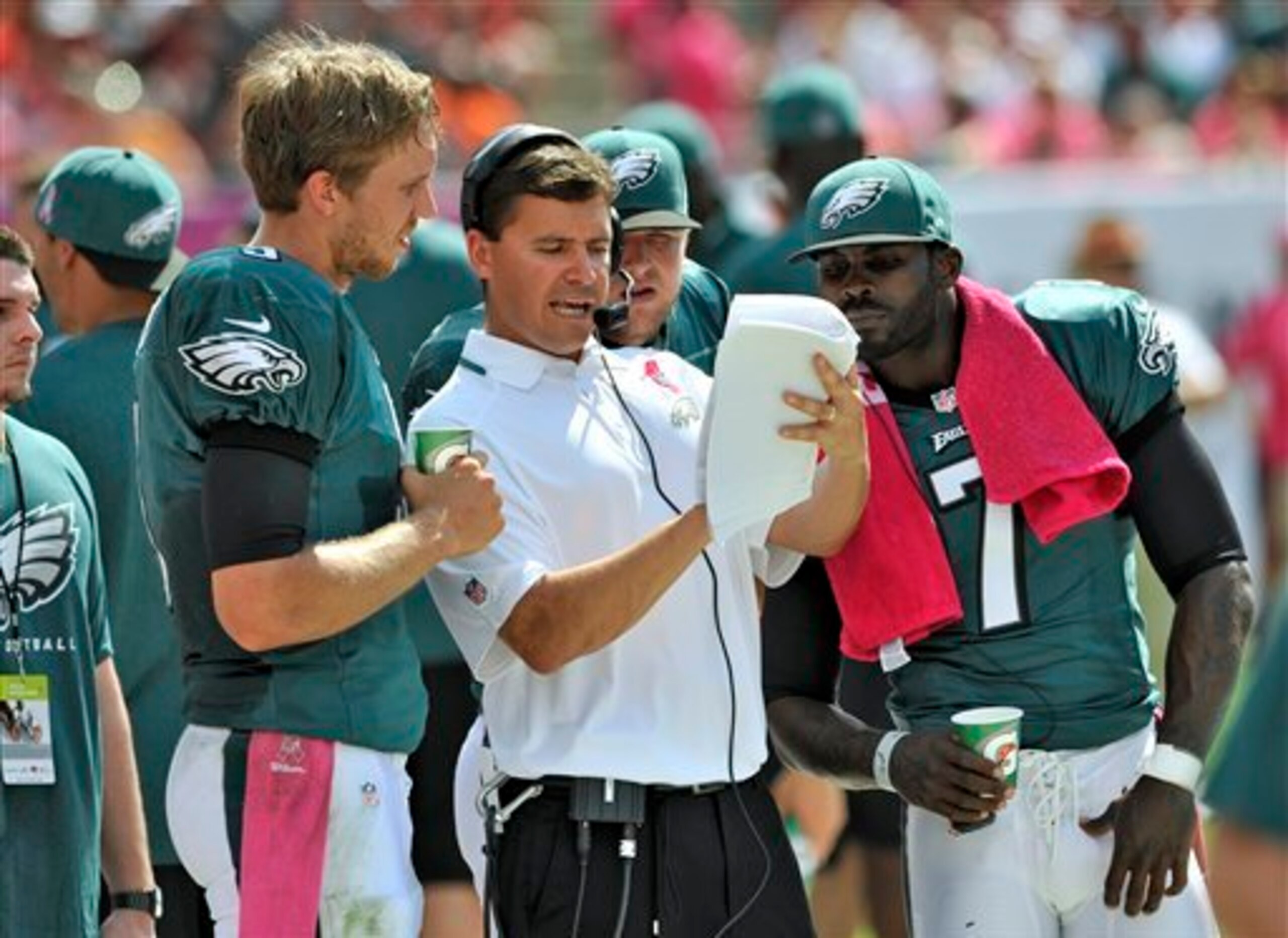 QB coach Bill Lazor with QBs Nick Foles and Michael Vick