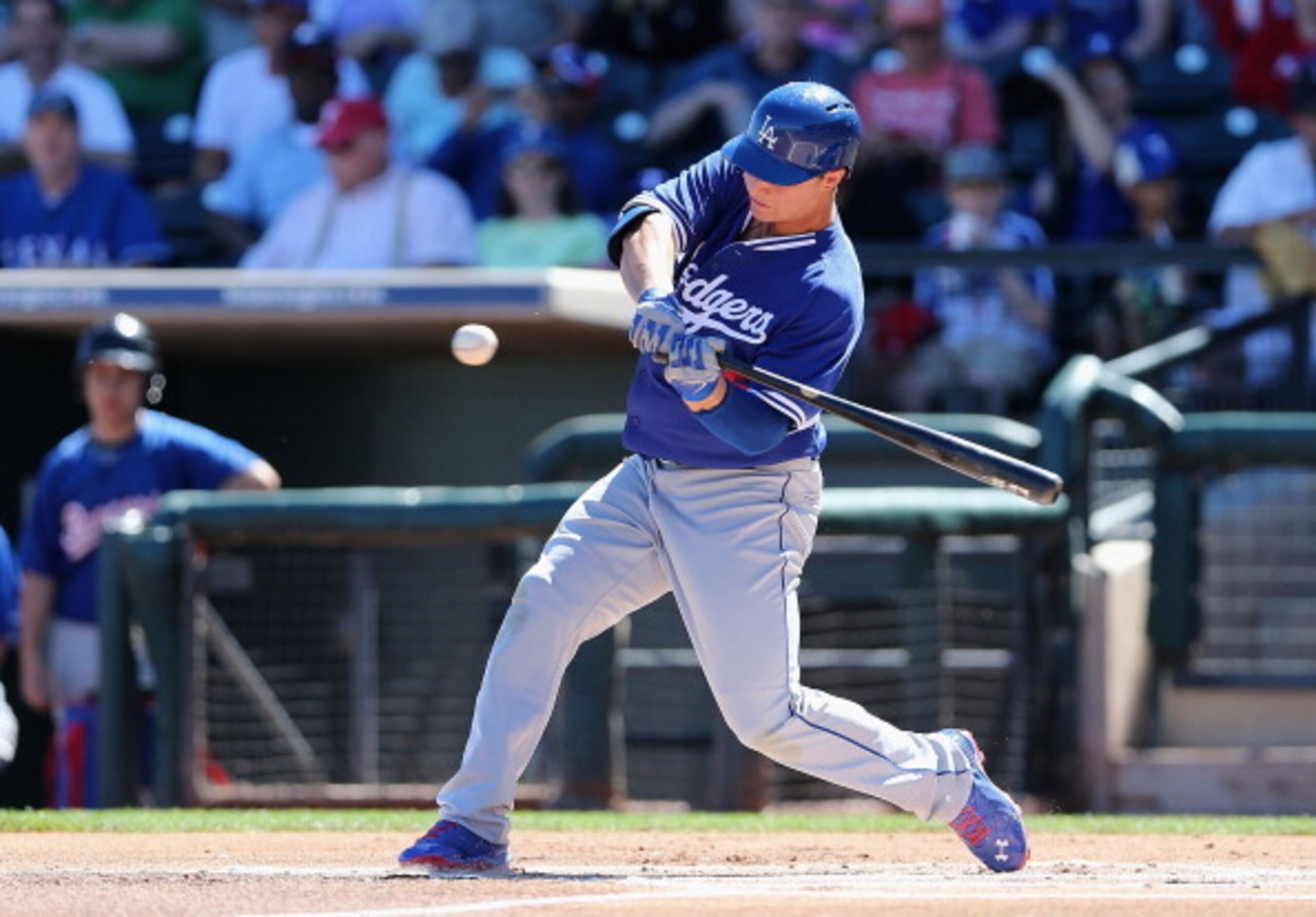 SURPRISE, AZ - MARCH 08:  Joc Pederson #65 of the Los Angeles Dodgers bats against the Texas Rangers during the spring training game at Surprise Stadium on March 8, 2014 in Surprise, Arizona.  (Photo by Christian Petersen/Getty Images)