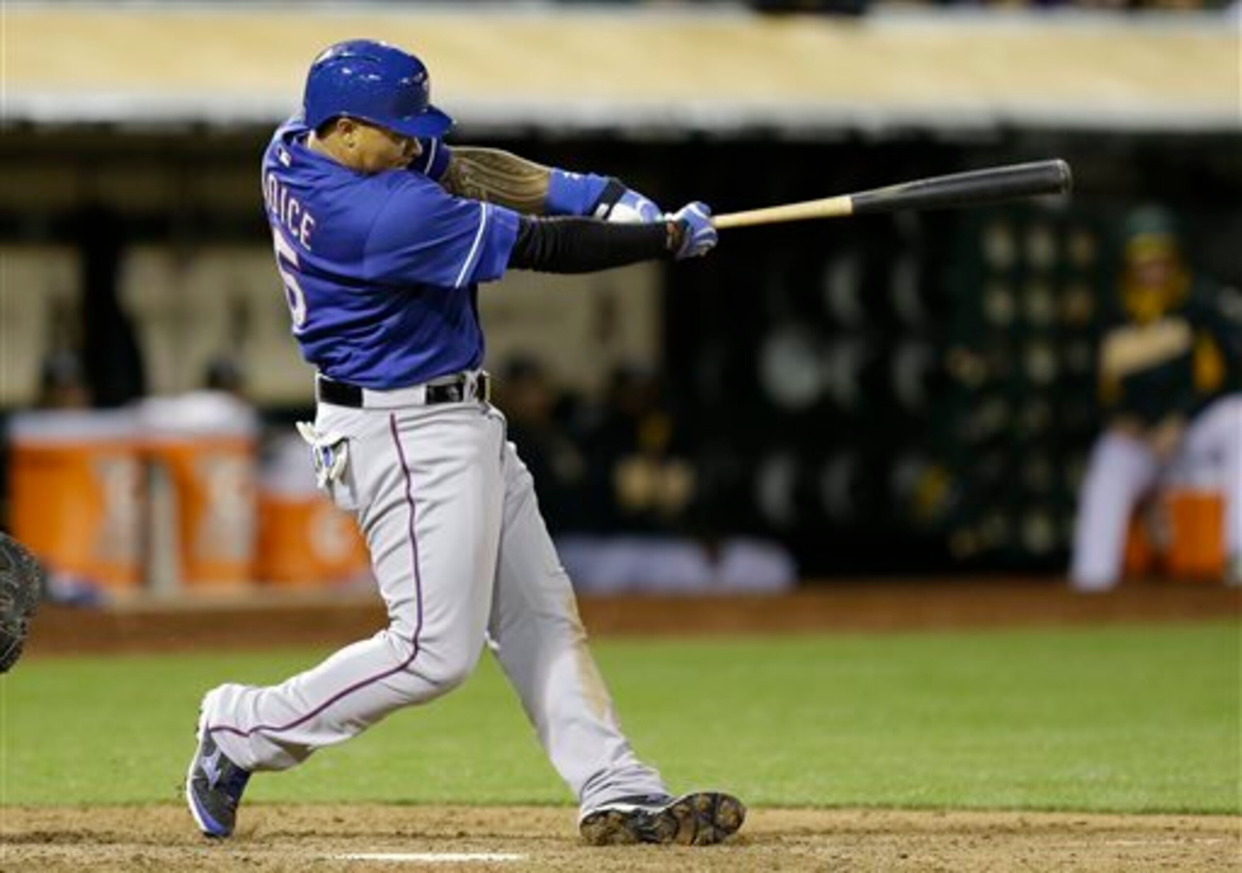 Michael Choice, once a top prospect for the A's, now plays for the rival Texas Rangers.