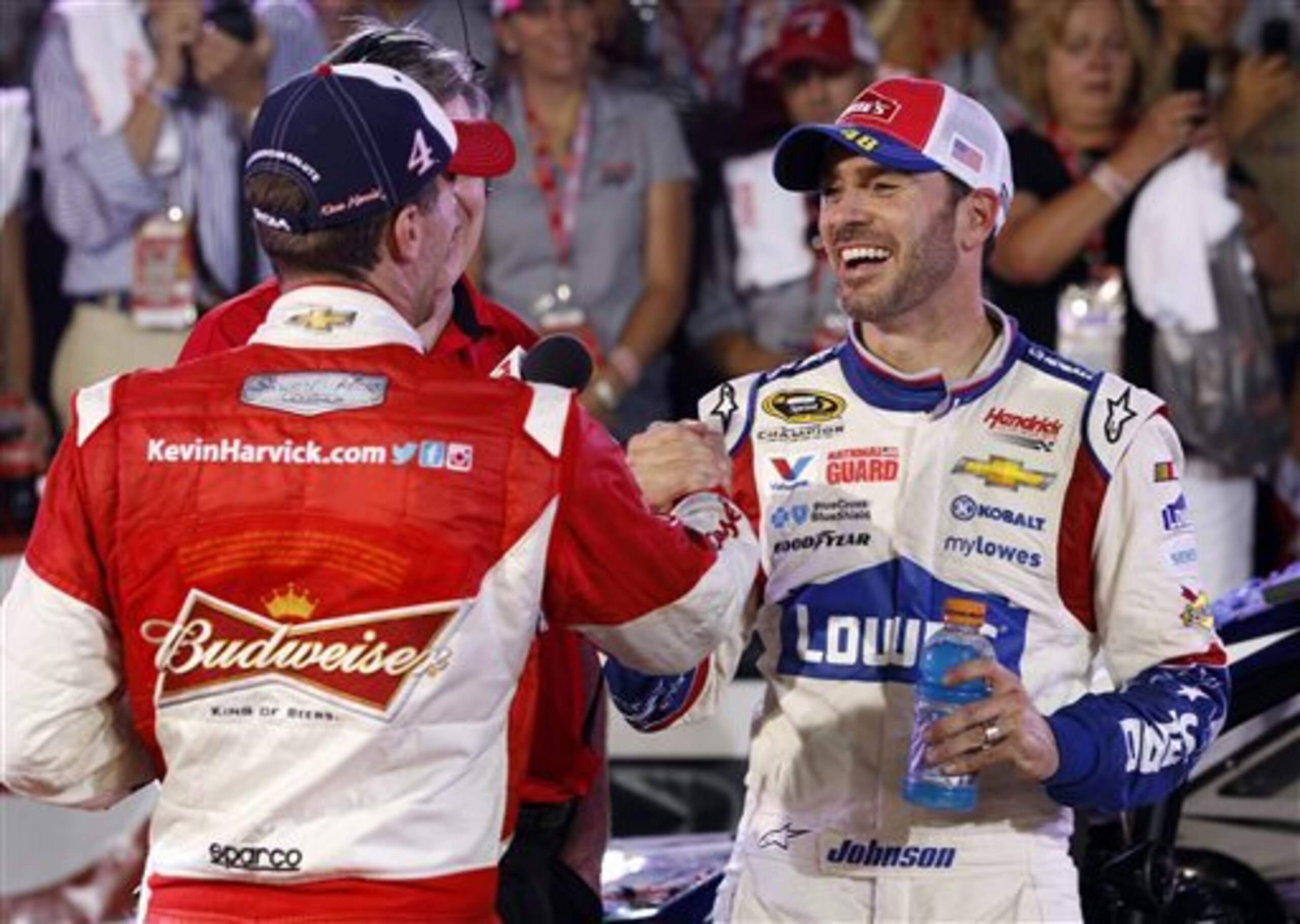 Kevin Harvick congratulates Jimmie Johnson at Charlotte Motor Speedway