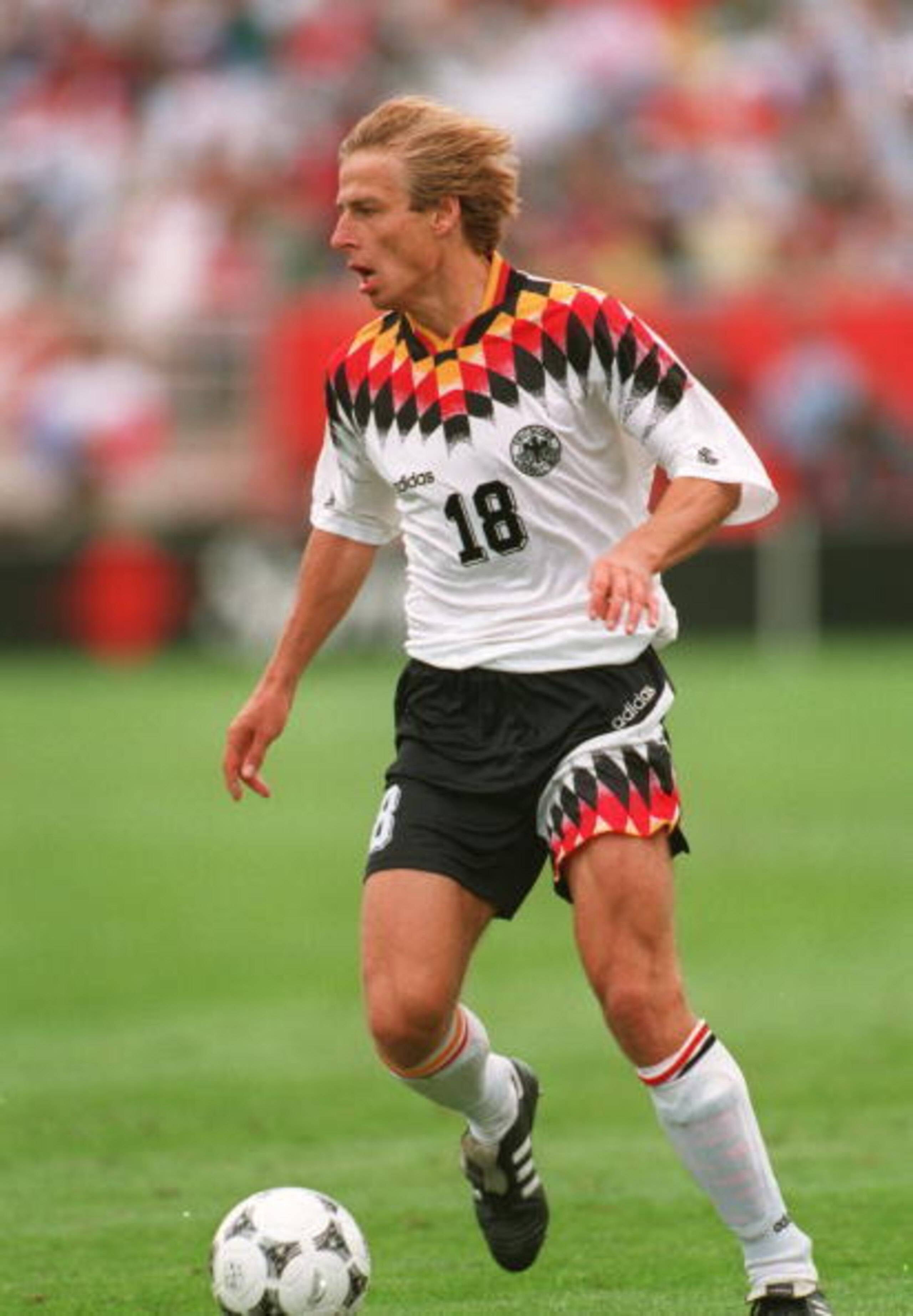 Klinsmann in action for Germany v Belgium at USA 1994