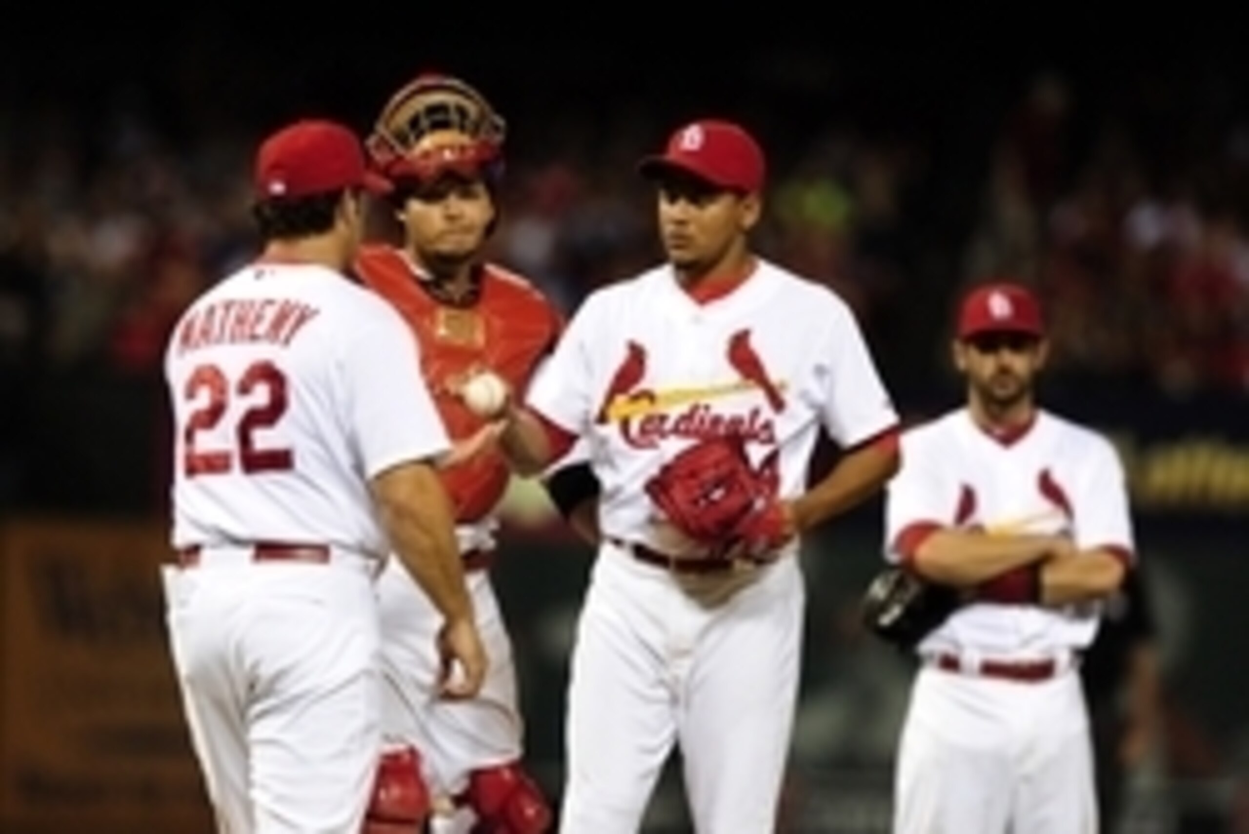 Cardinals' manager Mike Matheny takes out starter Jaime Garcia in a game against the Giants on May 29.