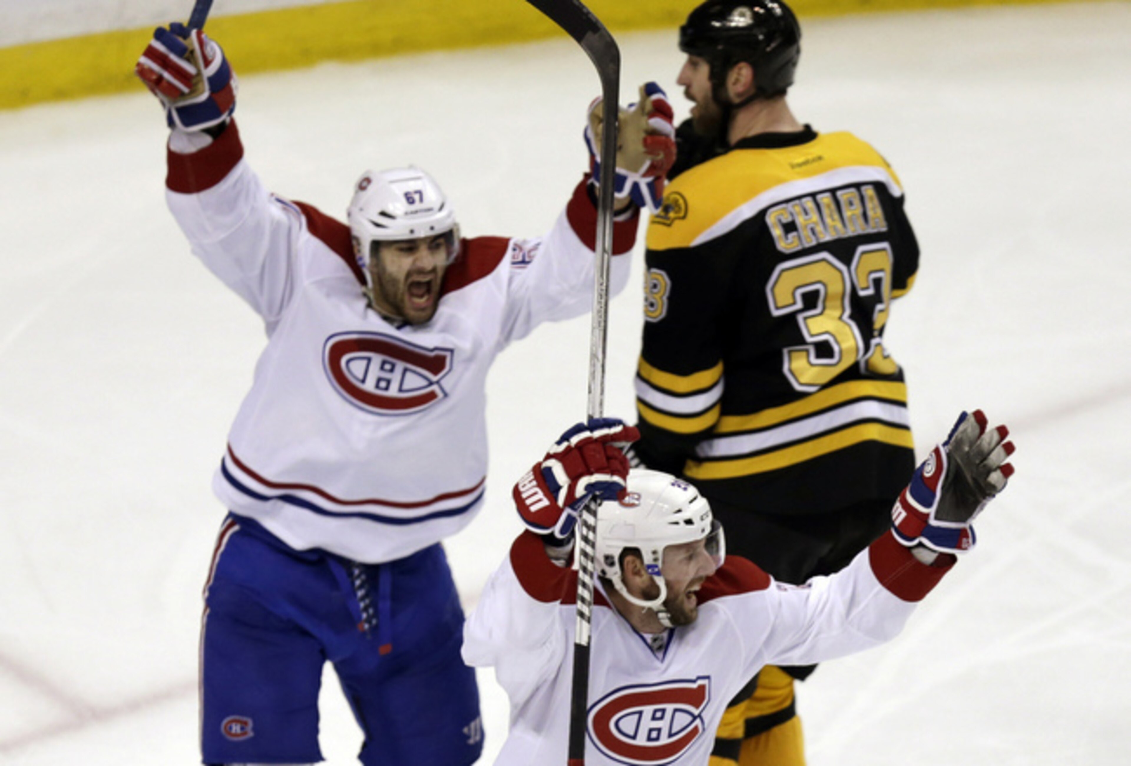 Montreal Canadiens forwards (from left) Max Pacioretty and Thomas Vanek and Boston Bruins defenseman Zdeno Chara.