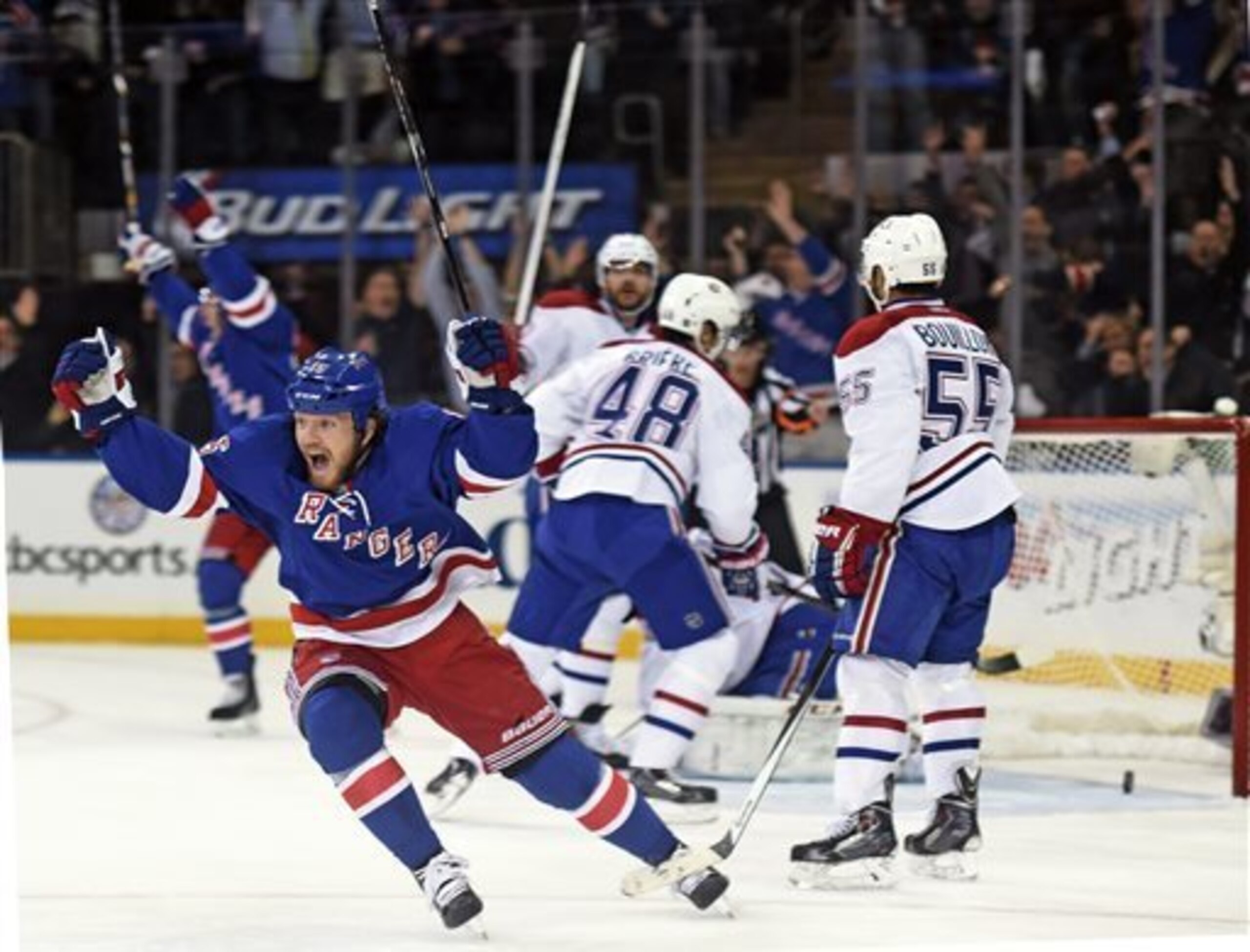 The New York Rangers celebrate a goal against the Montreal Canadiens in the 2014 Eastern Conference Final. The New York Rangers celebrate a goal against the Montreal Canadiens in the 2014 Eastern Conference Final.