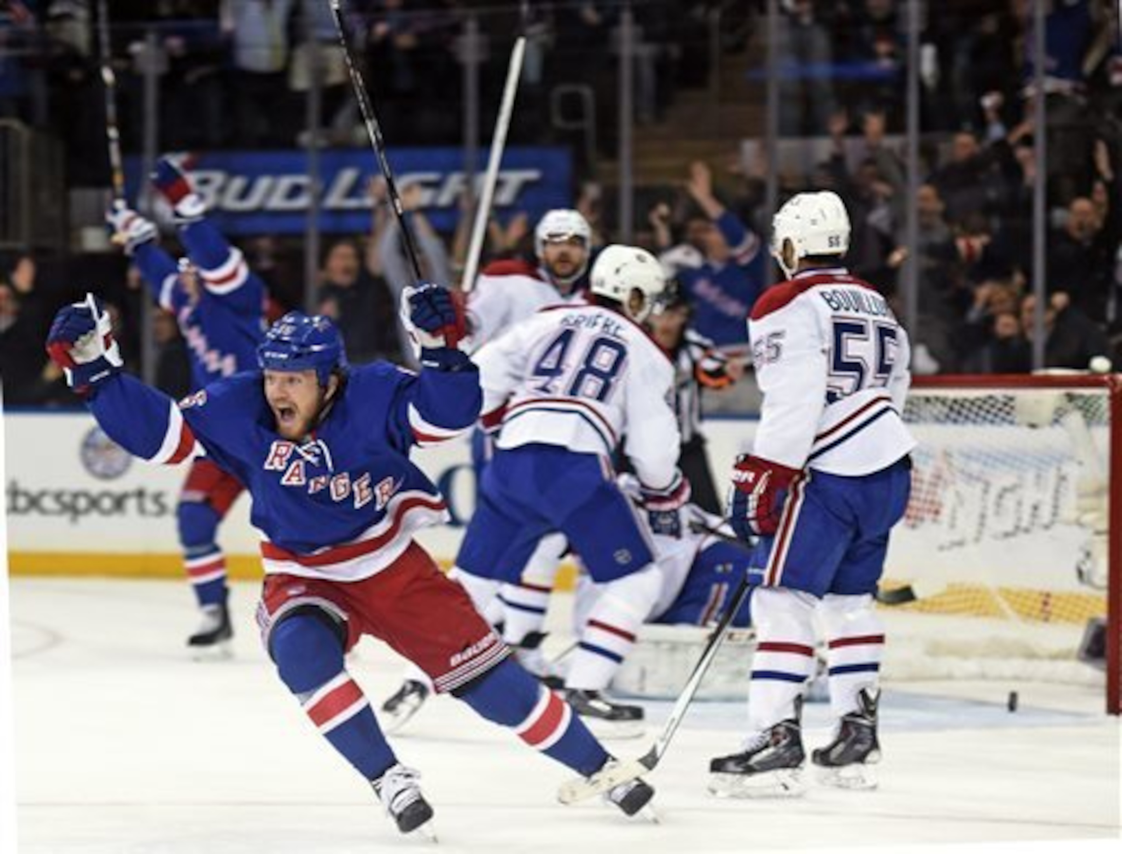 The New York Rangers celebrate a goal against the Montreal Canadiens in the 2014 Eastern Conference Final.