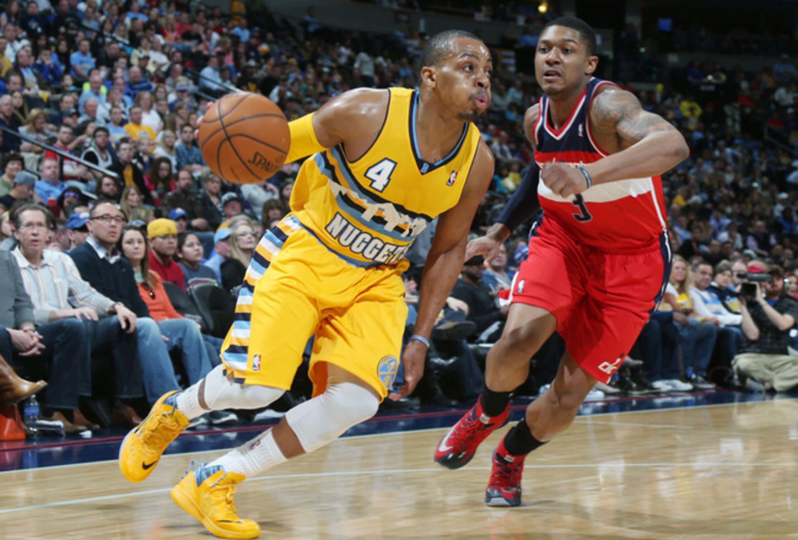 Randy Foye goes against Bradley Beal of the Washington Wizards. Foye finished with 17 points and the Nuggets won 105-102.