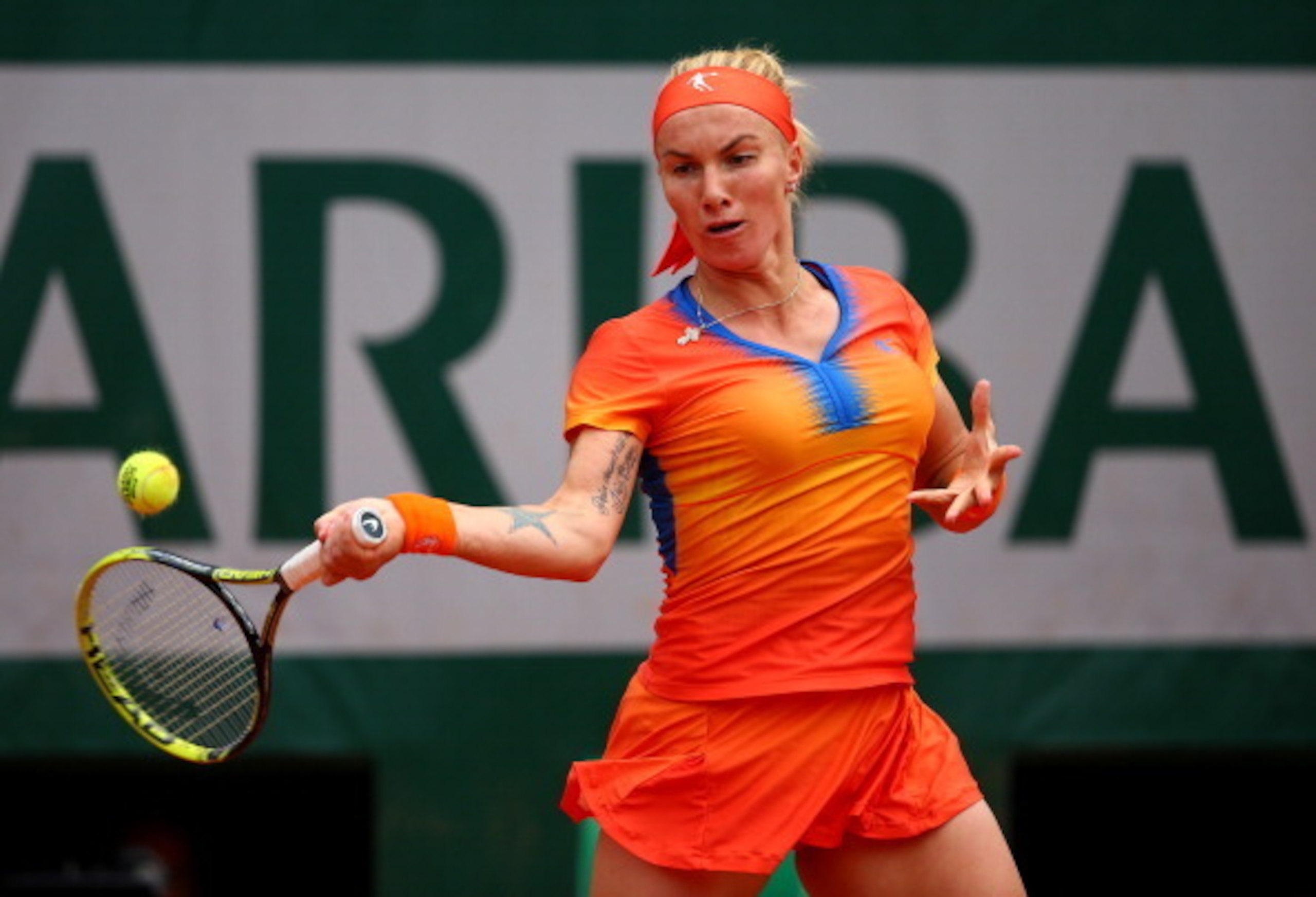 Svetlana Kuznetsova during her quarterfinals match against Simona Halep. Svetlana Kuznetsova during her quarterfinals match against Simona Halep.