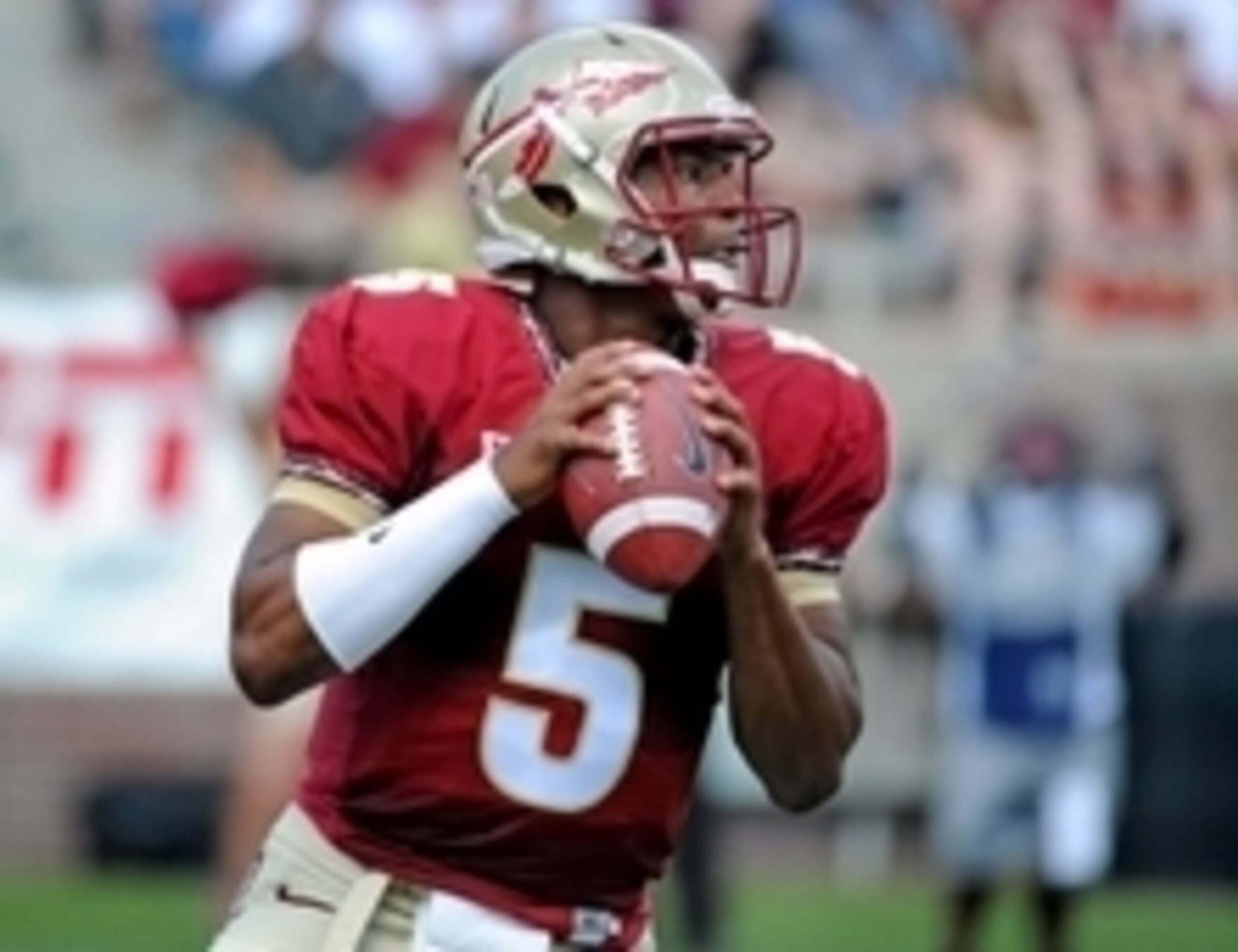 Apr 12, 2014; Tallahassee, FL, USA; Florida State Seminoles quarterback Jameis Winston (5) looks to throw the ball during the spring game at Doak Campbell Stadium. Mandatory Credit: Melina Vastola-USA TODAY Sports Apr 12, 2014; Tallahassee, FL, USA; Florida State Seminoles quarterback Jameis Winston (5) looks to throw the ball during the spring game at Doak Campbell Stadium. Mandatory Credit: Melina Vastola-USA TODAY Sports