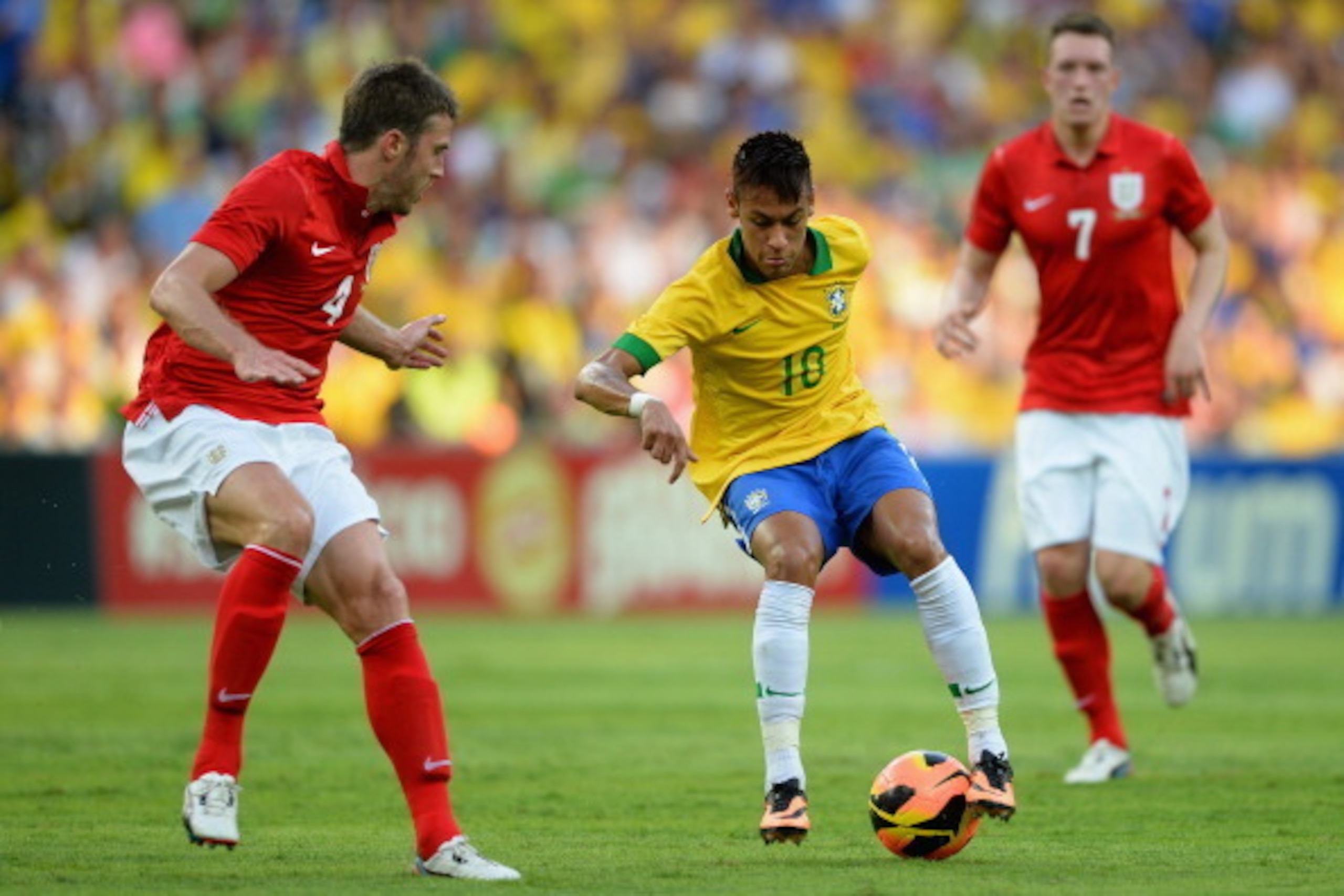 Brazil forward Neymar in action against England in last year's friendly.