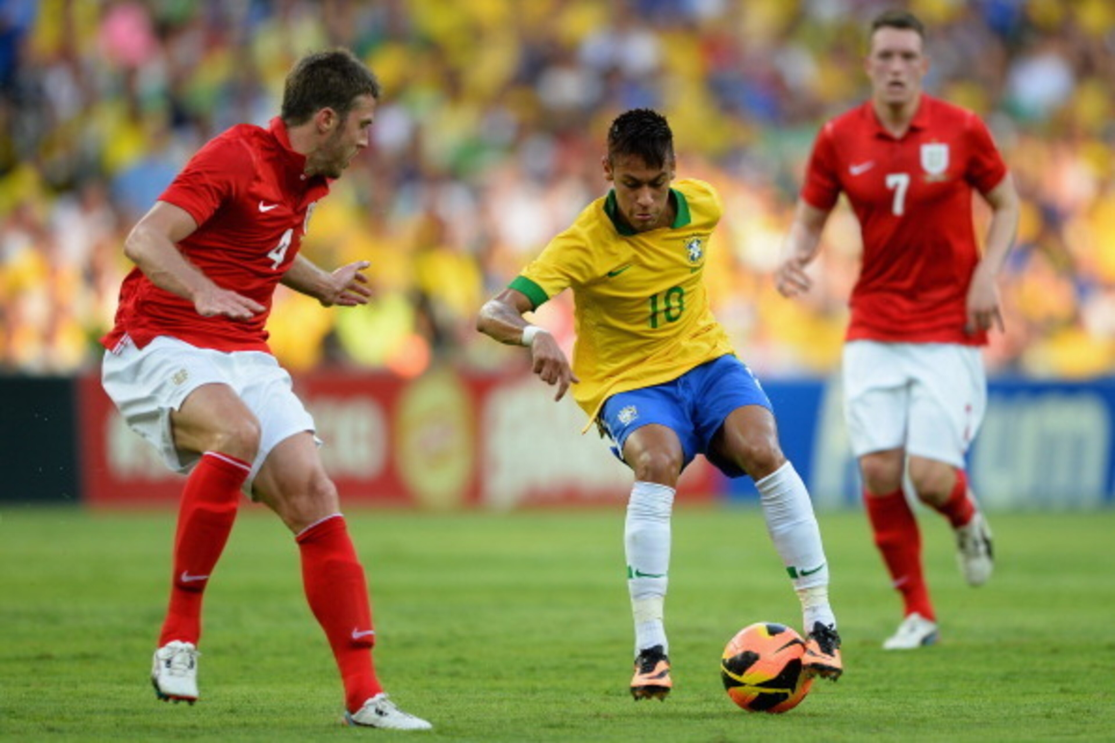 Brazil forward Neymar in action against England in last year's friendly.