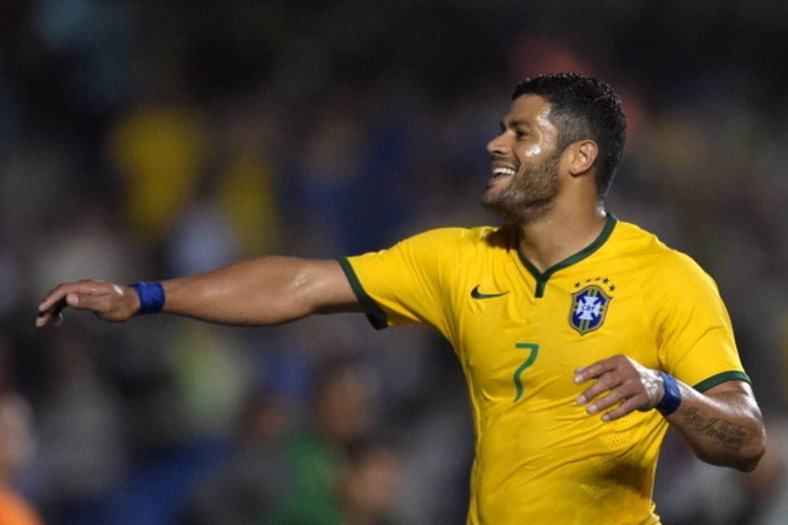 Hulk celebrates scoring for Brazil.