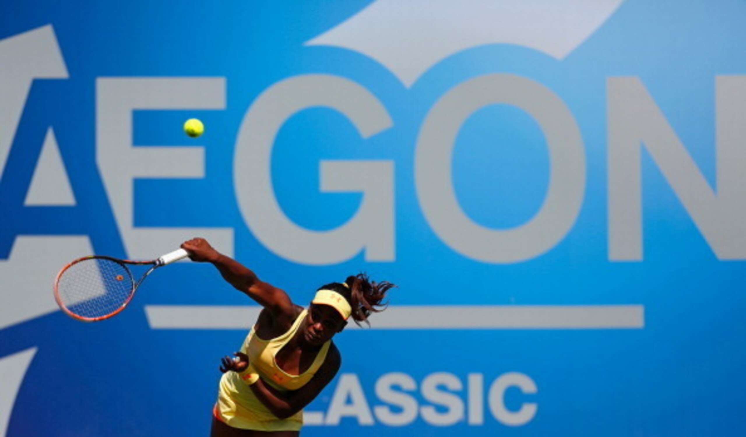Sloane Stephens serves at the Aegon Classic in Birmingham.