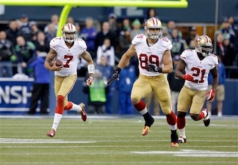 This dynamic 49ers trio of Kaepernick (No. 7), McDonald (No. 89) and Gore (No. 21) look to do big things in Seattle this year.