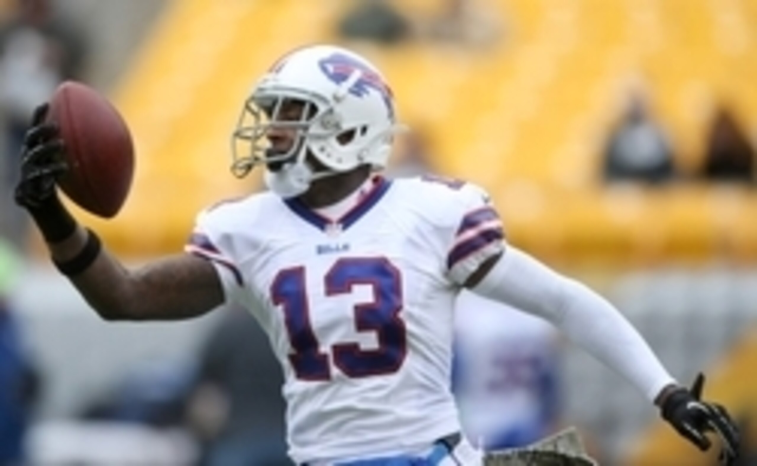 Nov 10, 2013; Pittsburgh, PA, USA; Buffalo Bills wide receiver Stevie Johnson (13) catches the ball during warm-ups prior to the game against the Pittsburgh Steelers at Heinz Field. Mandatory Credit: Jason Bridge-USA TODAY Sports