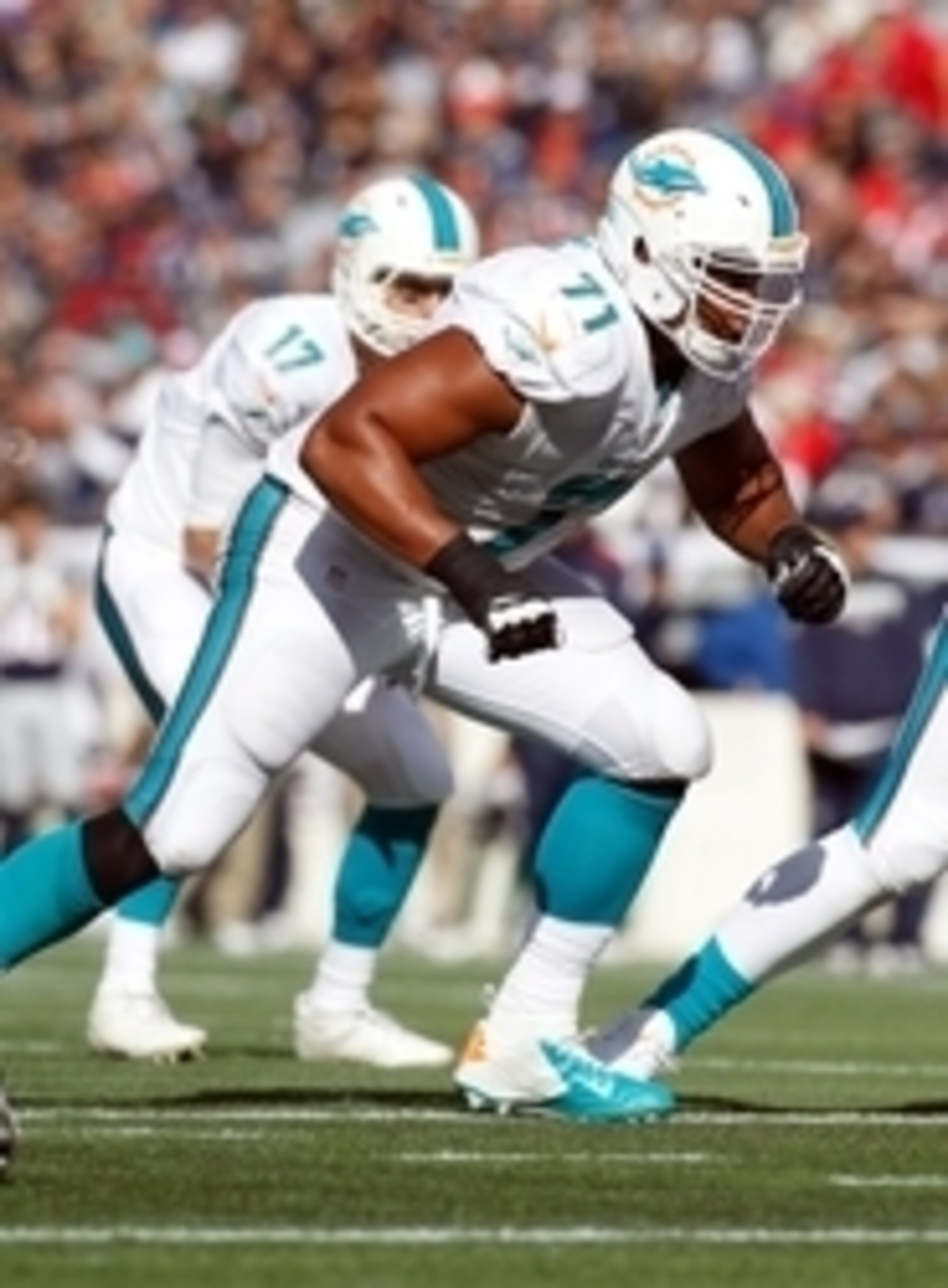 Oct 27, 2013; Foxborough, MA, USA; Miami Dolphins tackle Jonathan Martin (71) during the second quarter against the New England Patriots at Gillette Stadium. Mandatory Credit: Stew Milne-USA TODAY Sports