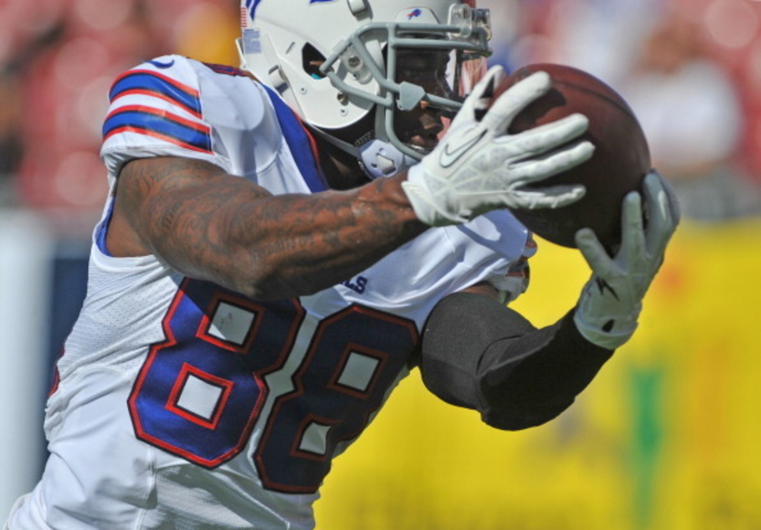 TAMPA, FL - DECEMBER 8: Wide receiver Marquise Goodwin #88 of the Buffalo Bills warms up for play against the Tampa Bay Buccaneers December 8, 2013 at Raymond James Stadium in Tampa, Florida. The Bucs won 27 - 6. (Photo by Al Messerschmidt/Getty Images) TAMPA, FL - DECEMBER 8: Wide receiver Marquise Goodwin #88 of the Buffalo Bills warms up for play against the Tampa Bay Buccaneers December 8, 2013 at Raymond James Stadium in Tampa, Florida. The Bucs won 27 - 6. (Photo by Al Messerschmidt/Getty Images)