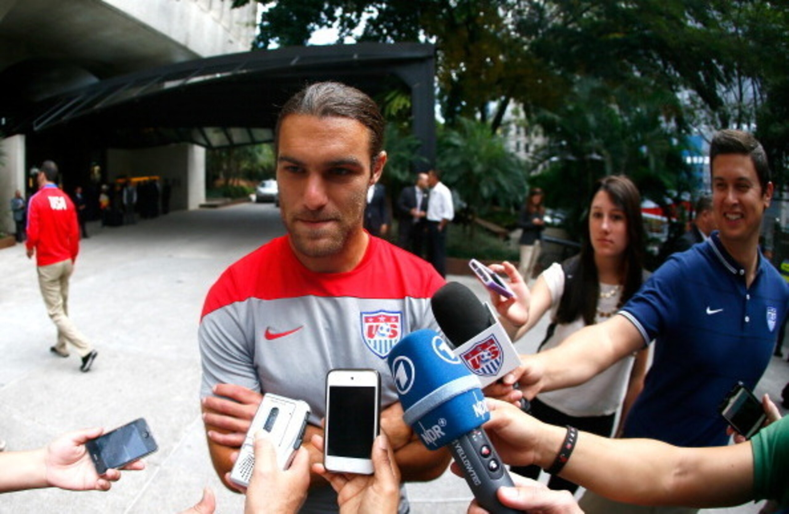 SAO PAULO, BRAZIL - JUNE 13:  Graham Zusi of the United States speaks with the media at the Hotel Tivoli Sao Paulo Mofarrej on June 13, 2014 in Sao Paulo, Brazil.  (Photo by Kevin C. Cox/Getty Images)