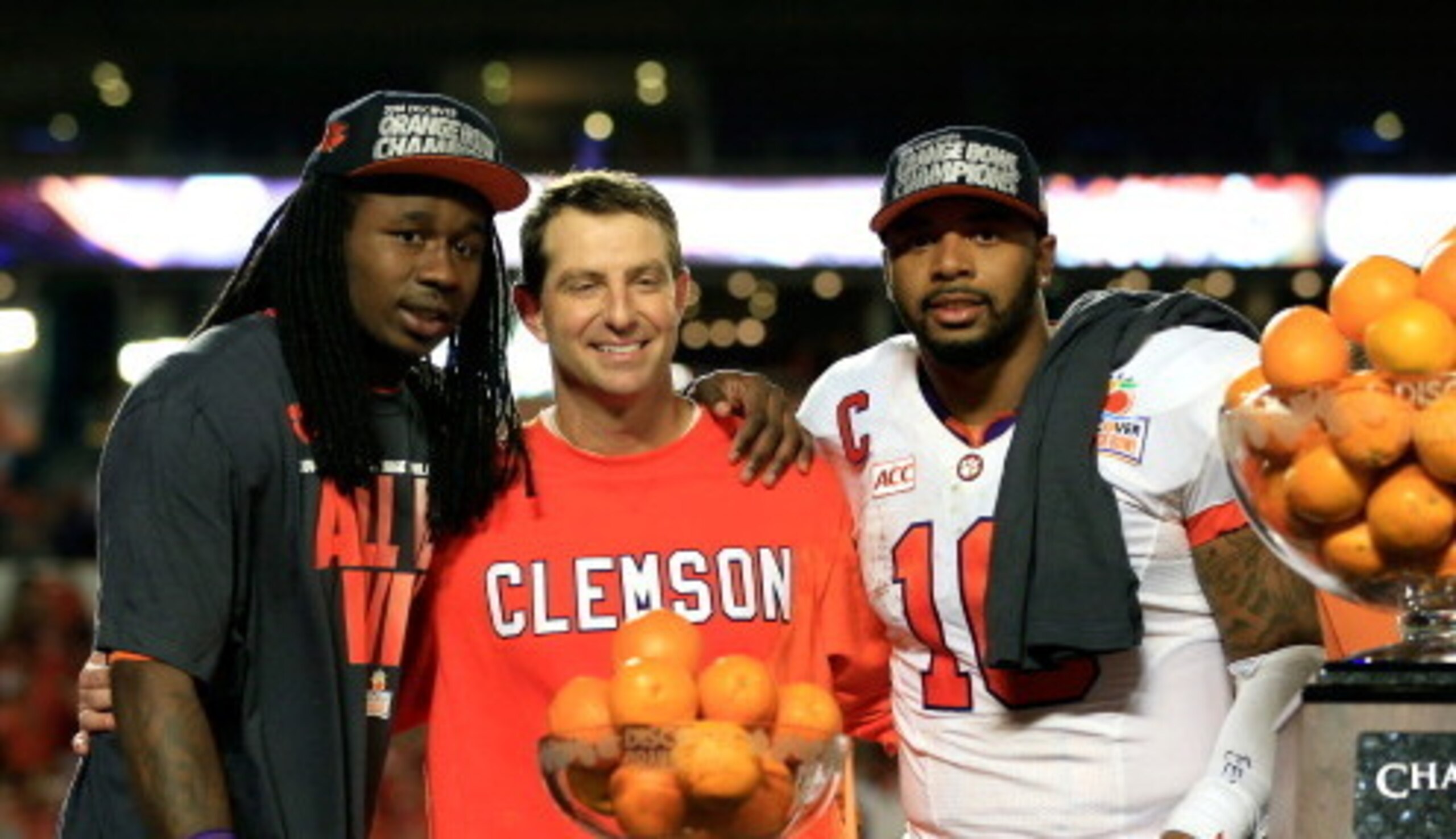 Sammy Watkins, Dabo Swinney and Tajh Boyd after the Orange Bowl win