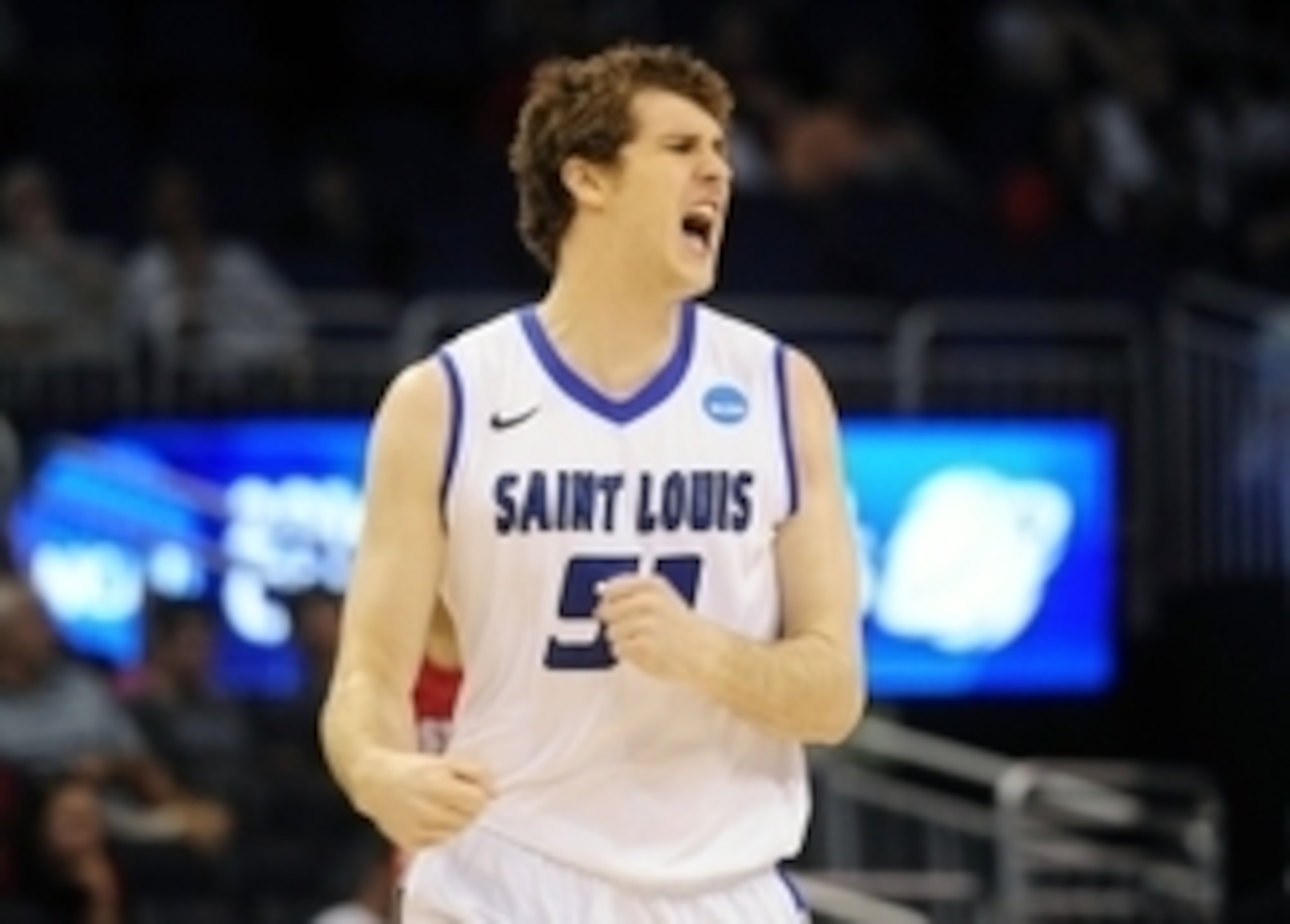 Mar 20, 2014; Orlando, FL, USA; Saint Louis Billikens forward Rob Loe (51) reacts during the first half of a men's college basketball game against the North Carolina State Wolfpack during the second round of the 2014 NCAA Tournament at Amway Center. Manda
