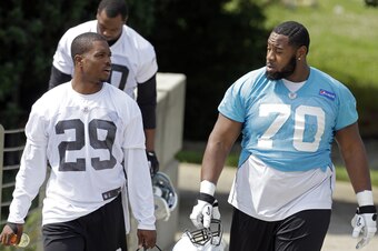 Carolina Panthers cornerback Bene Benwikere (No. 29) and guard Trai Turner (No. 70) are both competing for significant roles on their team this year.