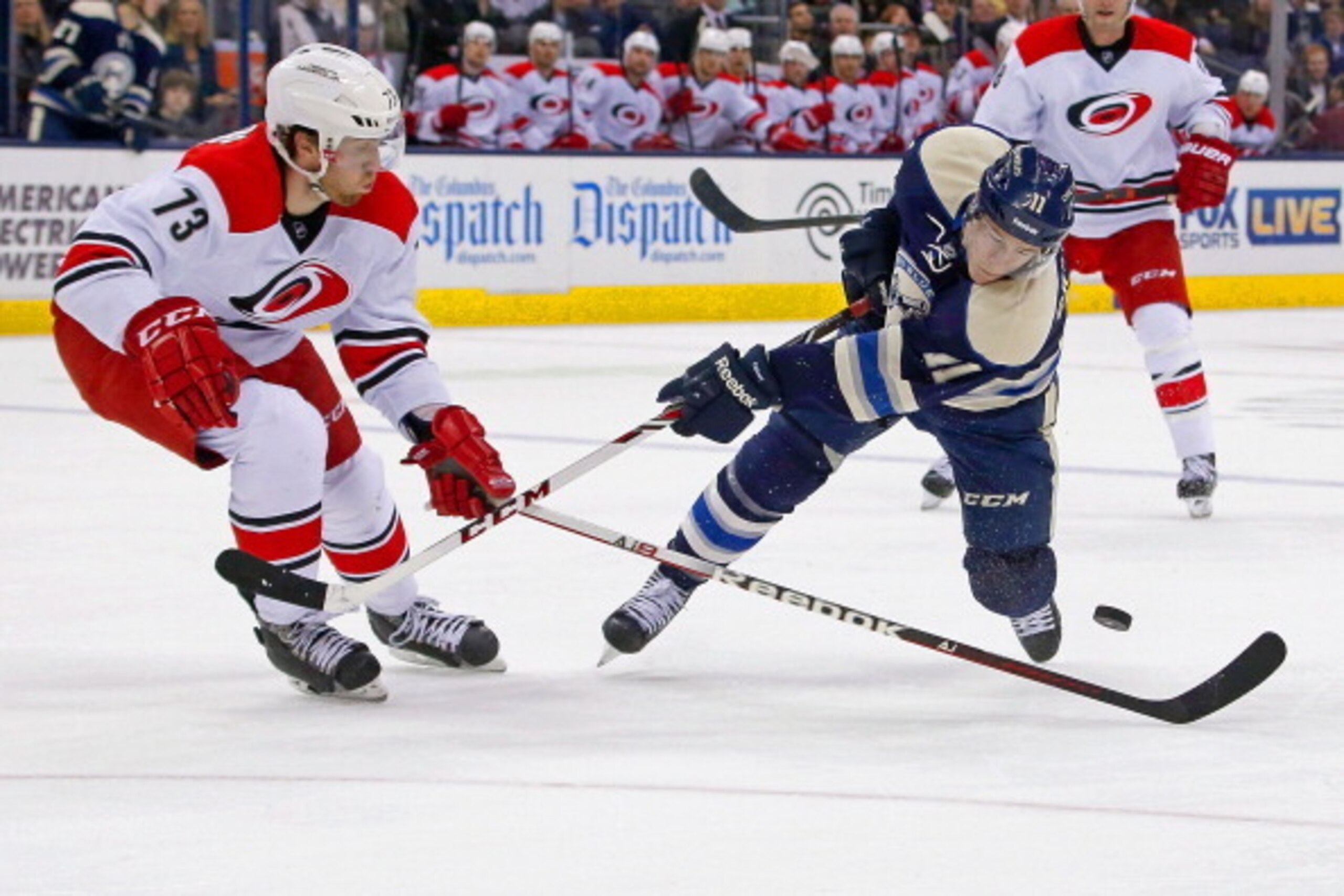 Brett Bellemore blocks a Blue Jackets' shot during a 2013-14 'Canes game.