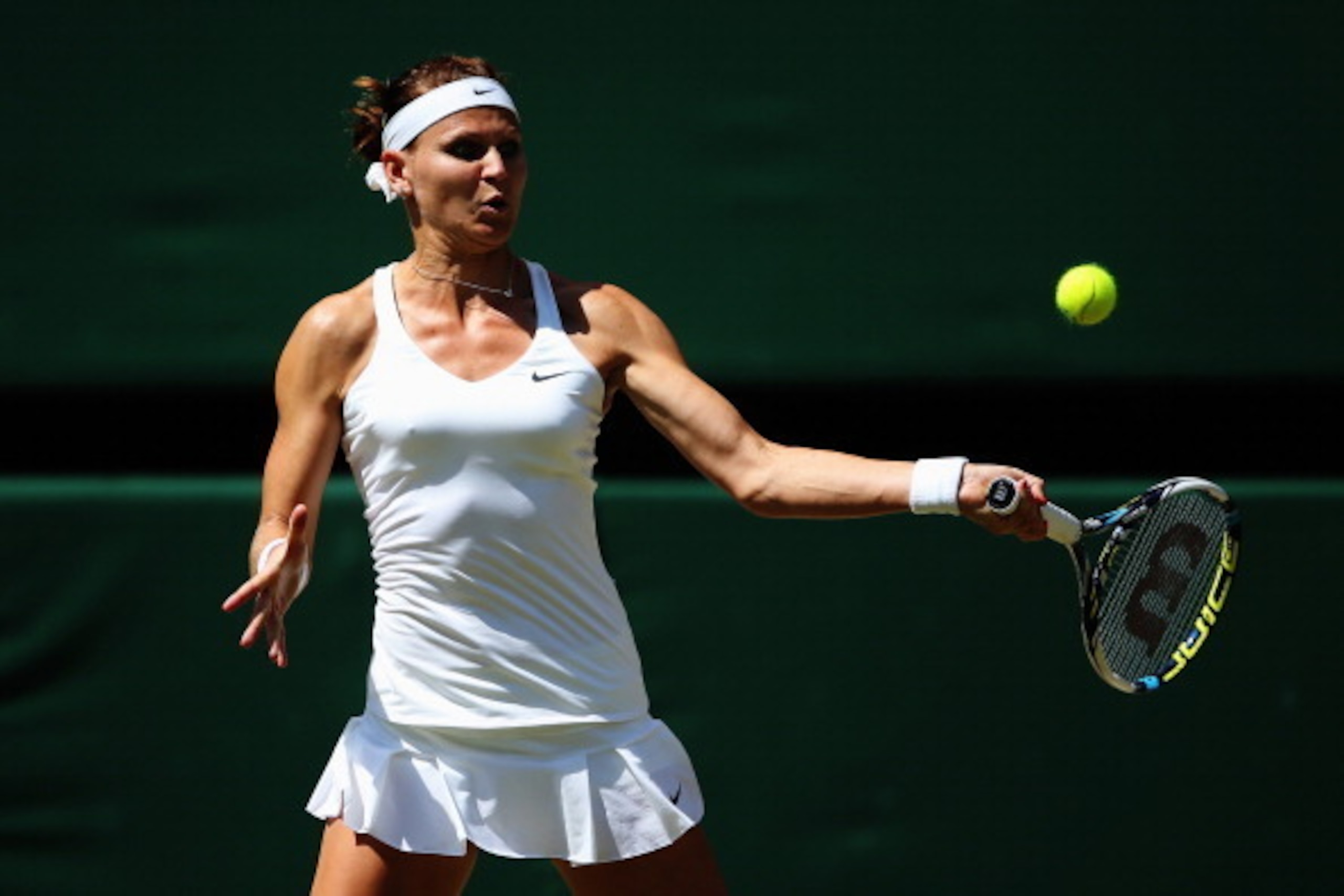 Lucie Safarova hits a forehand during the Wimbledon semifinal.