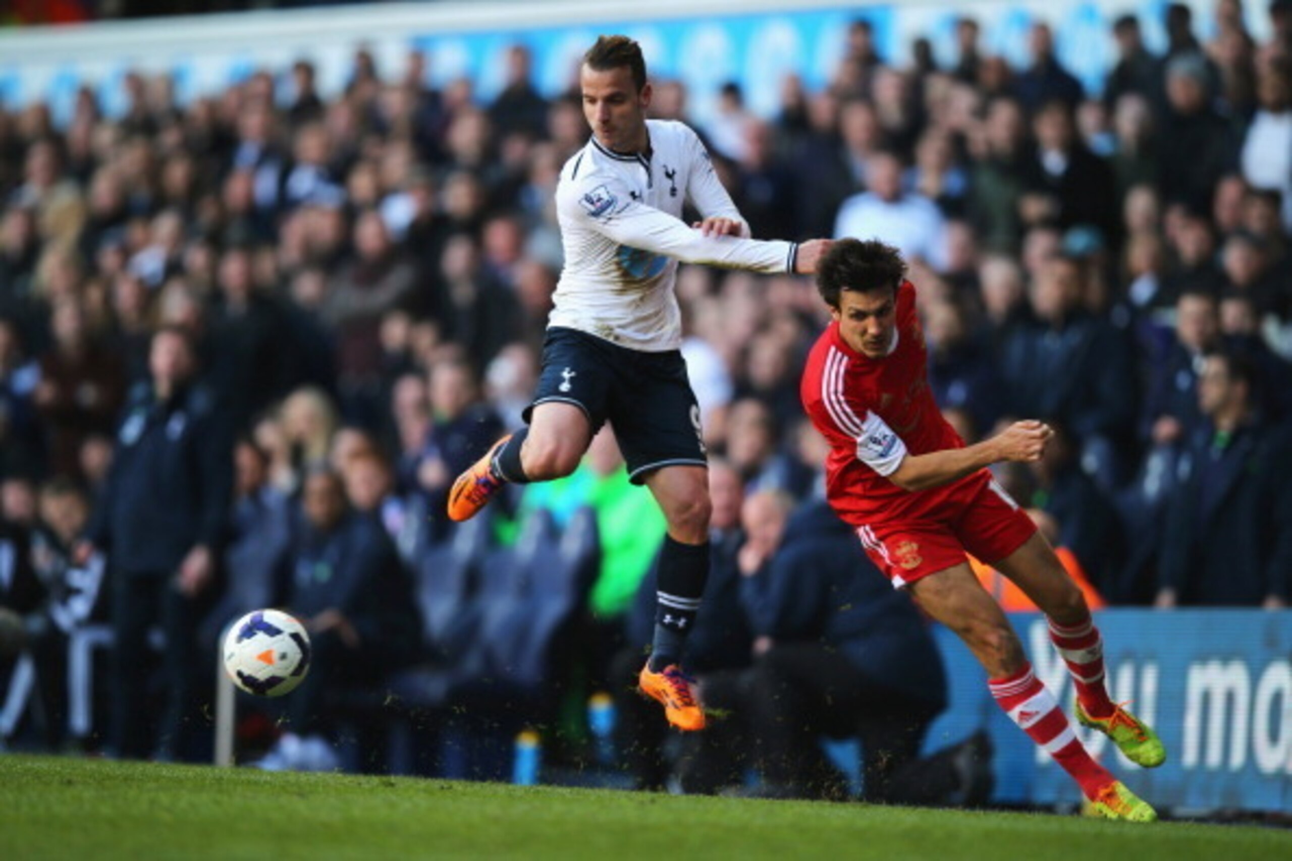 Soldado hunts the ball during a game with Mauricio Pochettino's Southampton last season.