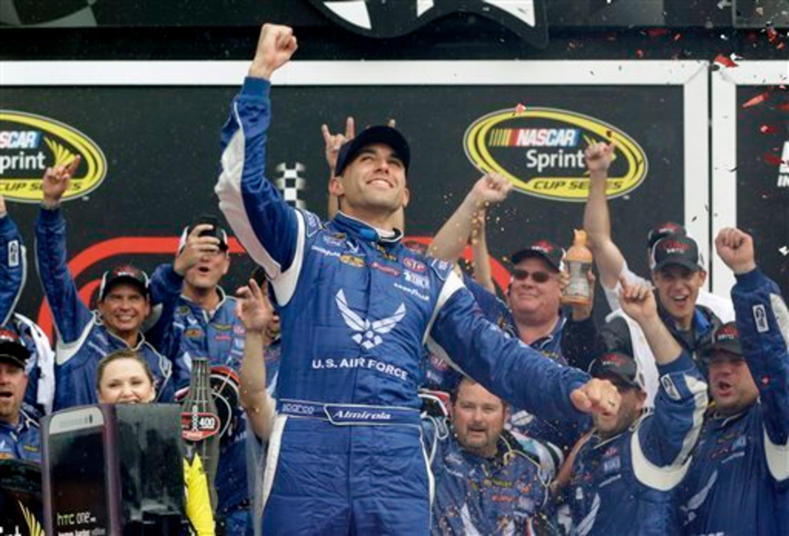 Aric Almirola had a good reason to look toward the sky with a nod of thanks after the Coke Zero 400 was called.