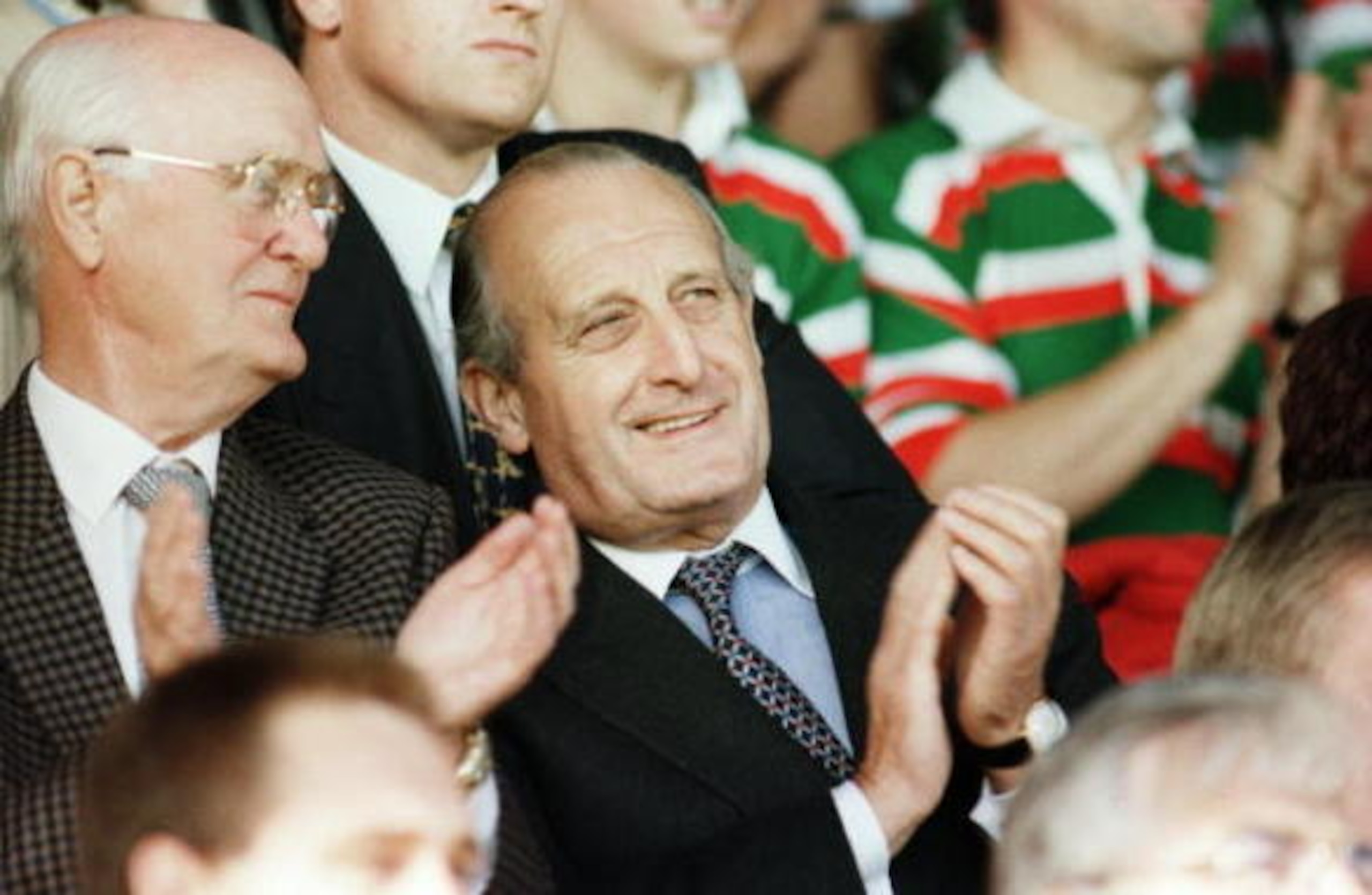 23 SEP 1995:  NEWCASTLE UNITED CHAIRMAN JOHN HALL APPLAUDS A MOVE DURING THE LEICESTER V BATH COURAGE LEAGUE DIVISION 1 RRUGBY UNION MATCH PLAYED AT WELFORD ROAD, LEICESTER. Mandatory Credit: David Rogers/ALLSPORT