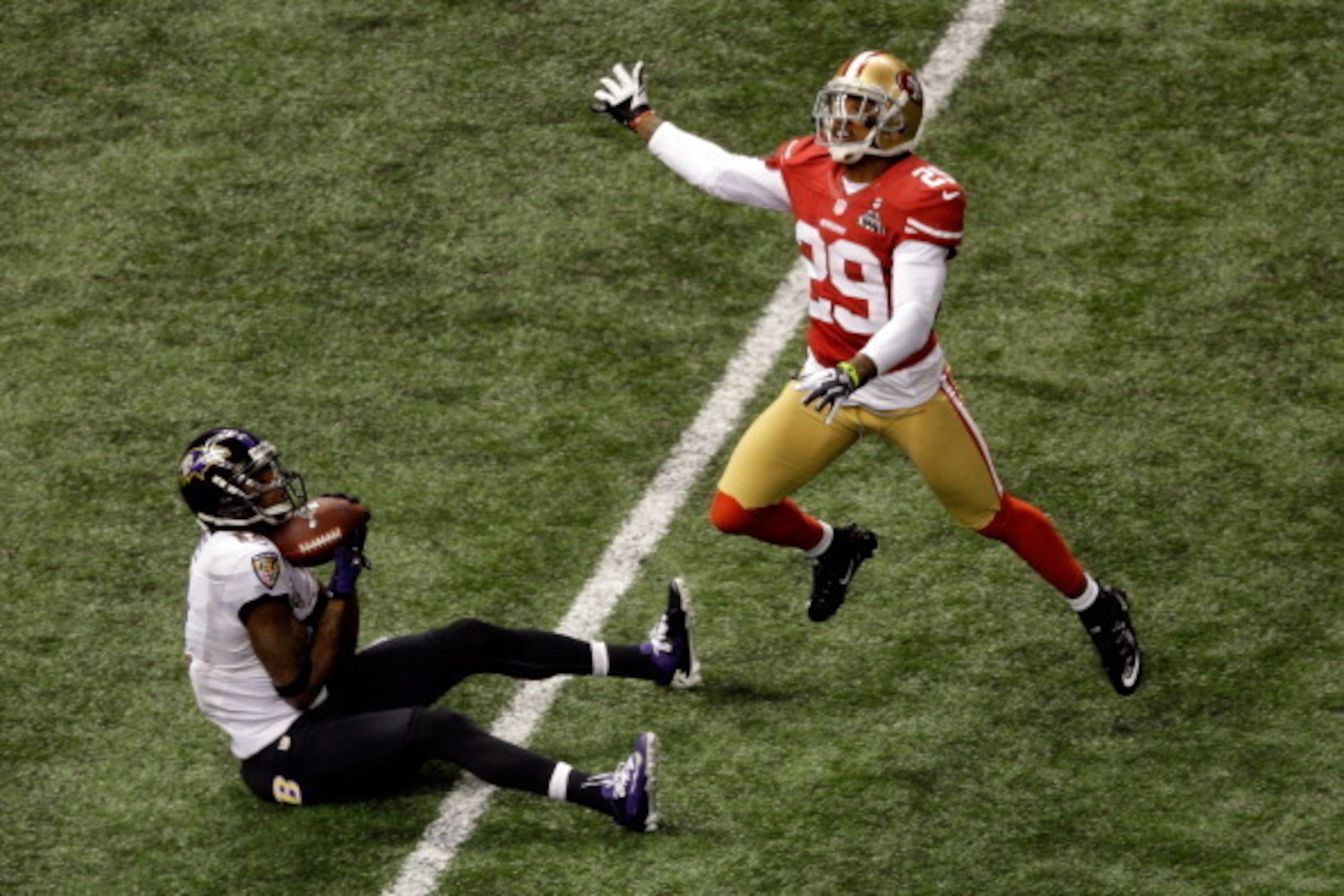 Torrey Smith beats Chris Culliver for a 56-yard touchdown in Super Bowl XLVII.