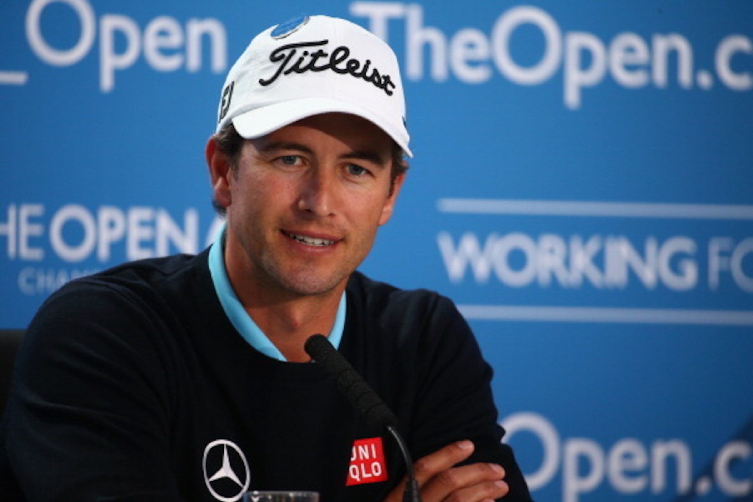 HOYLAKE, ENGLAND - JULY 15:  Adam Scott of Australia speaks with the media during a practice round prior to the start of The 143rd Open Championship at Royal Liverpool on July 15, 2014 in Hoylake, England.  (Photo by Matthew Lewis/Getty Images)