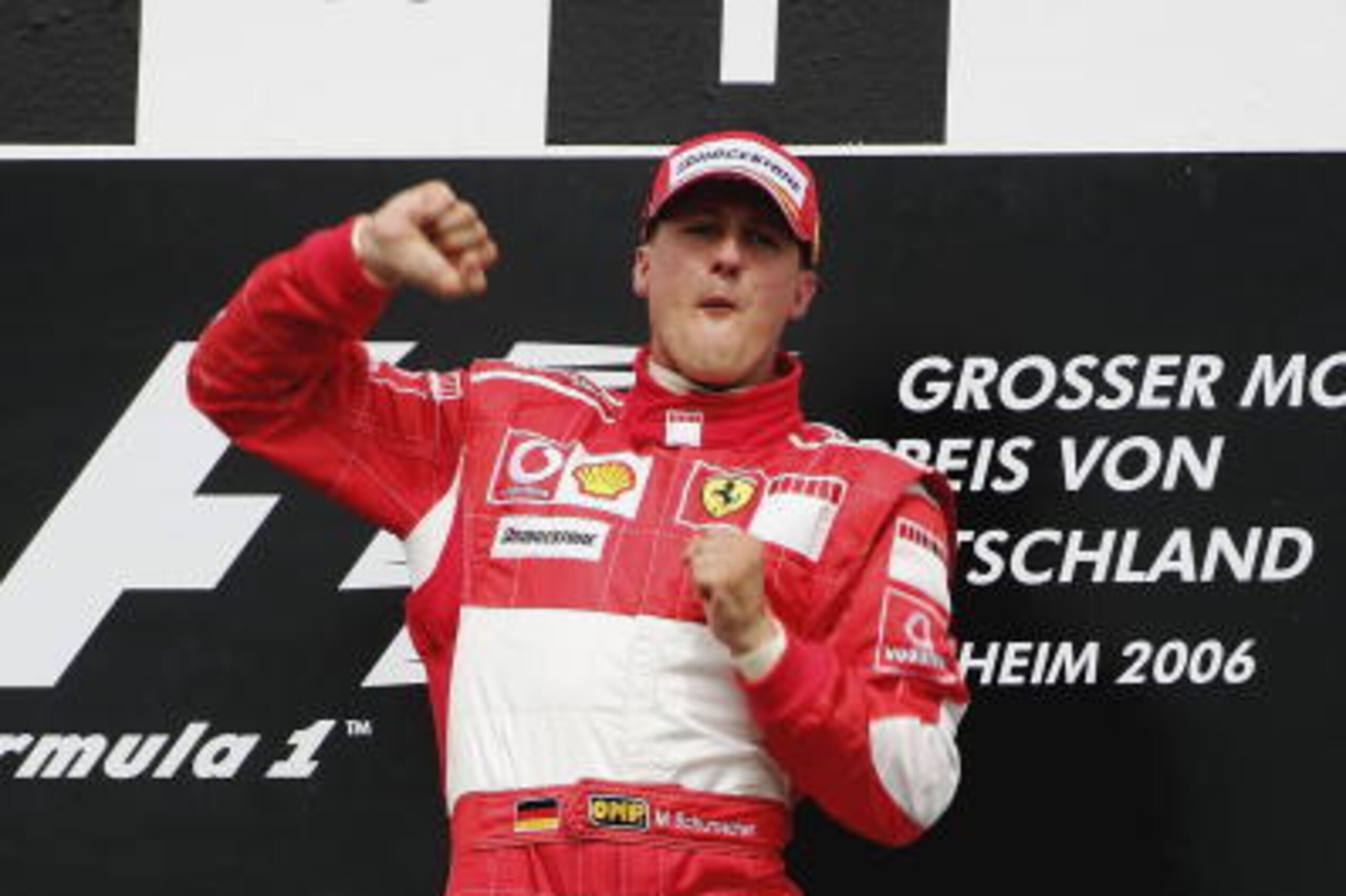 Michael Schumacher celebrates his victory at the 2006 German Grand Prix.