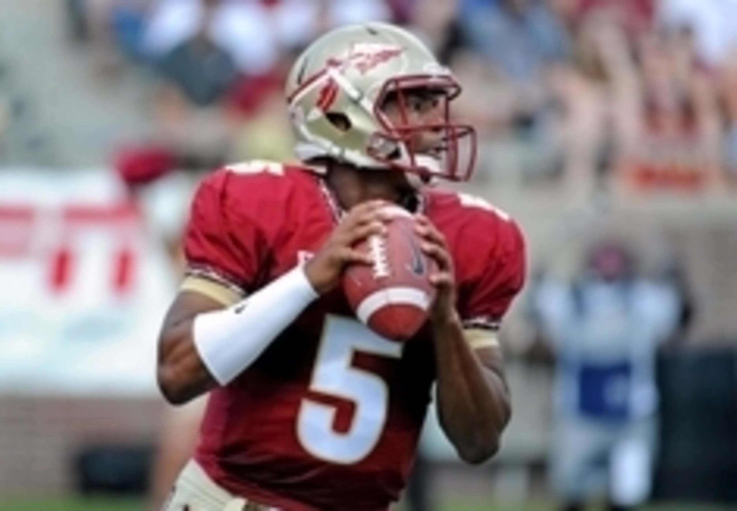 Apr 12, 2014; Tallahassee, FL, USA; Florida State Seminoles quarterback Jameis Winston (5) looks to throw the ball during the spring game at Doak Campbell Stadium. Mandatory Credit: Melina Vastola-USA TODAY Sports