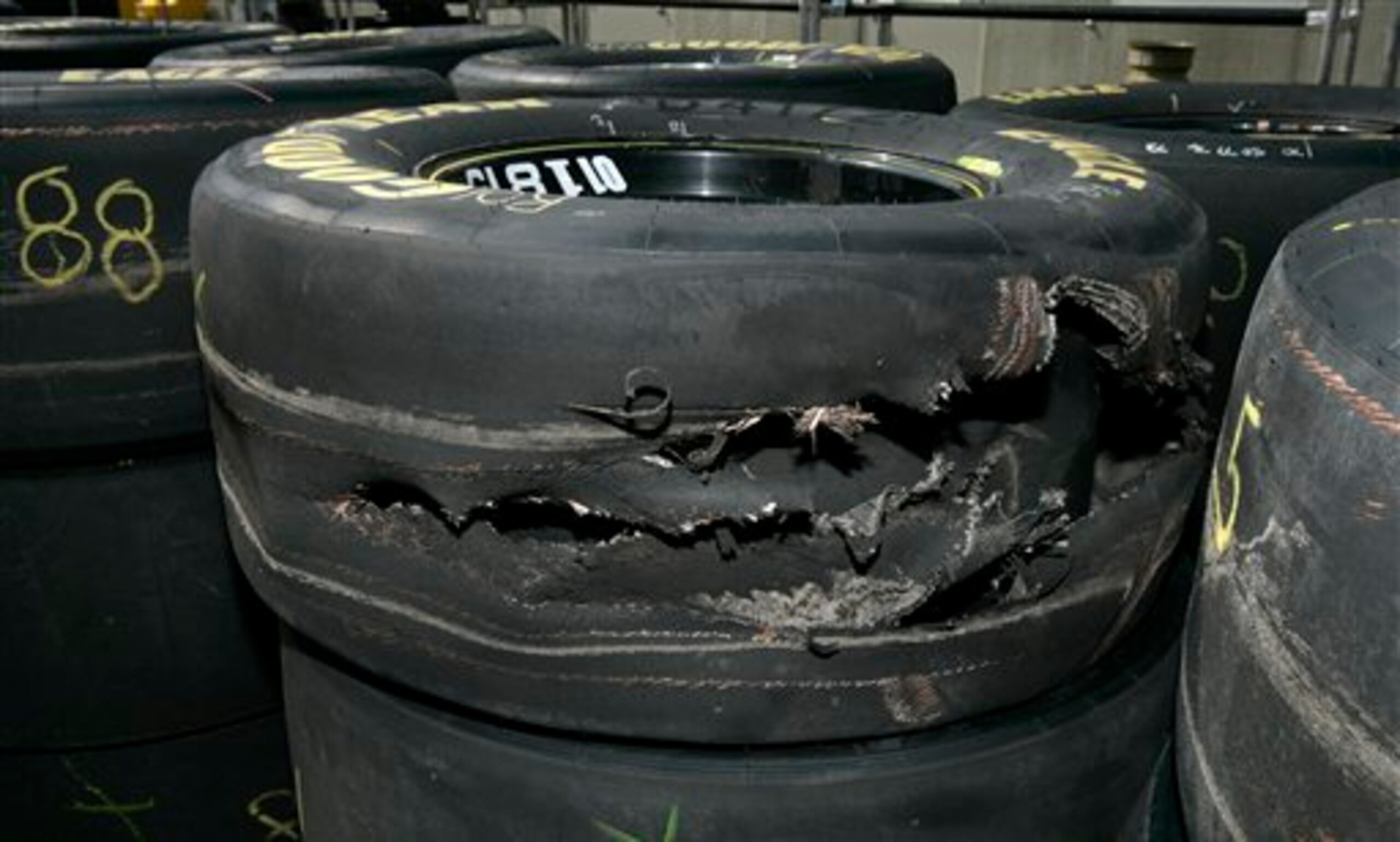 The tires provided by Goodyear for the 2008 Brickyard didn't hold up very well. The tires provided by Goodyear for the 2008 Brickyard didn't hold up very well.
