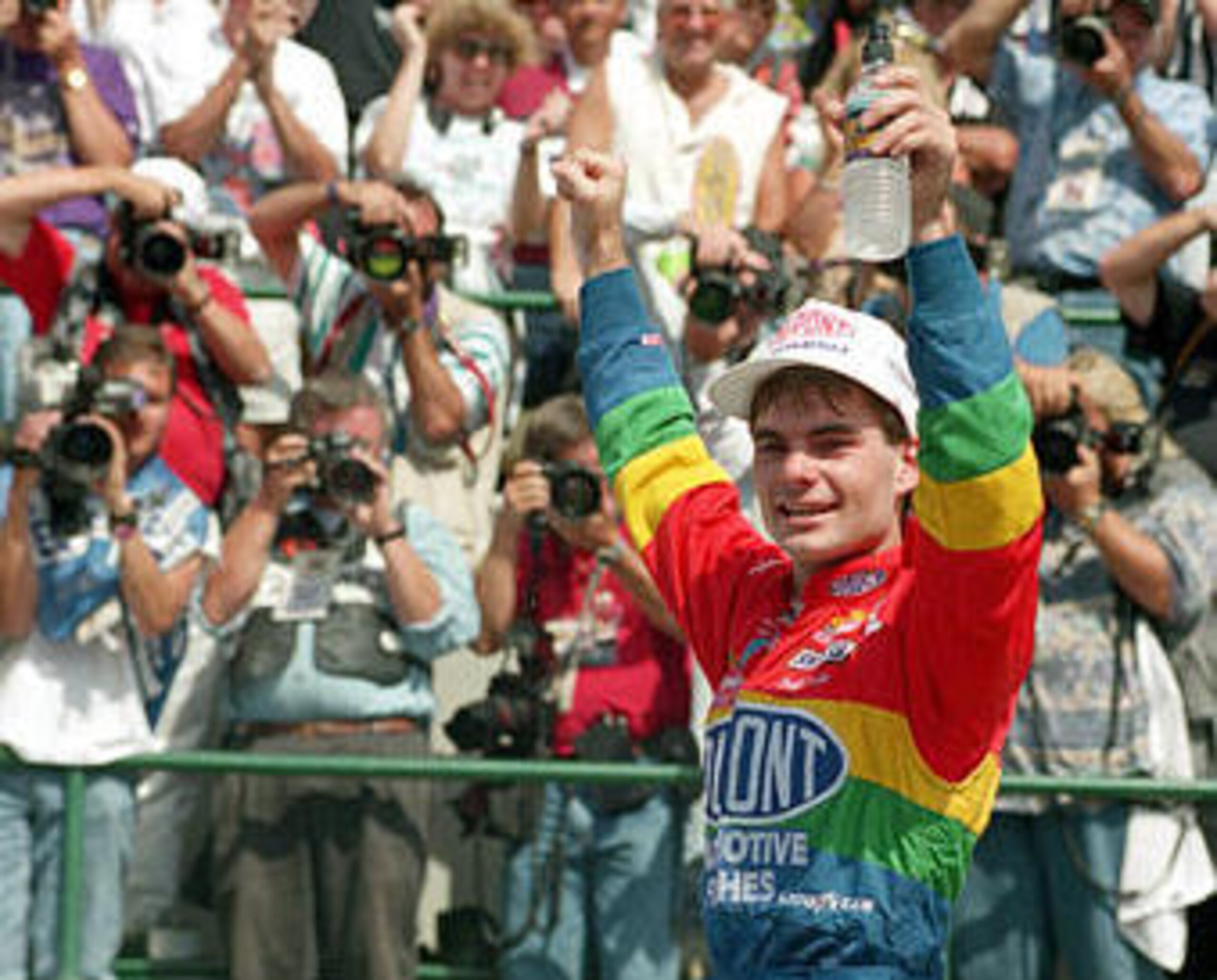 Jeff Gordon celebrates after winning the very first Brickyard 400 in 1994. Jeff Gordon celebrates after winning the very first Brickyard 400 in 1994.