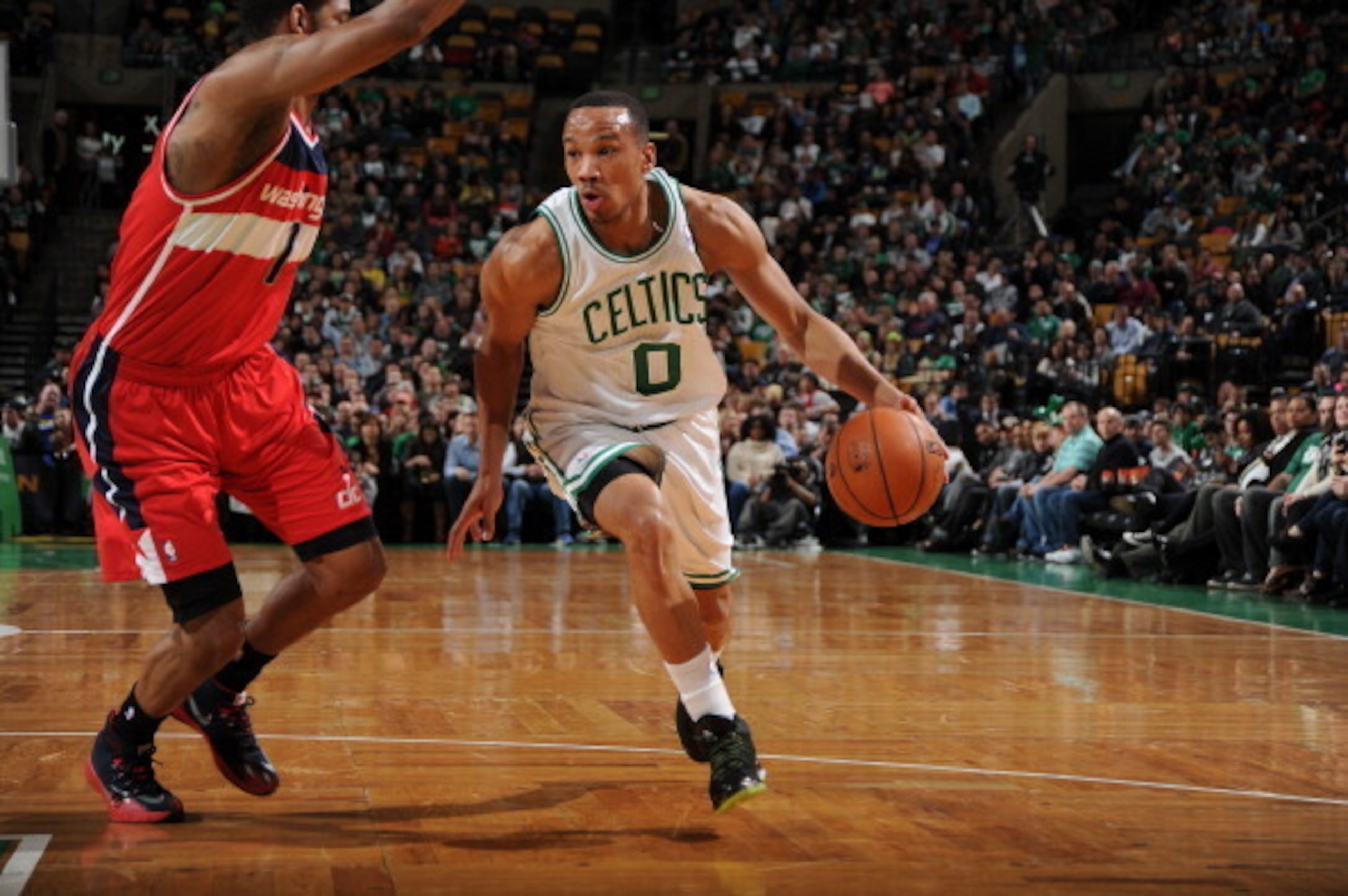 BOSTON, MA - APRIL 16: Avery Bradley #0 of the Boston Celtics drives to the basket against the Washington Wizards on April 16, 2014 at the TD Garden in Boston, Massachusetts.  NOTE TO USER: User expressly acknowledges and agrees that, by downloading and o