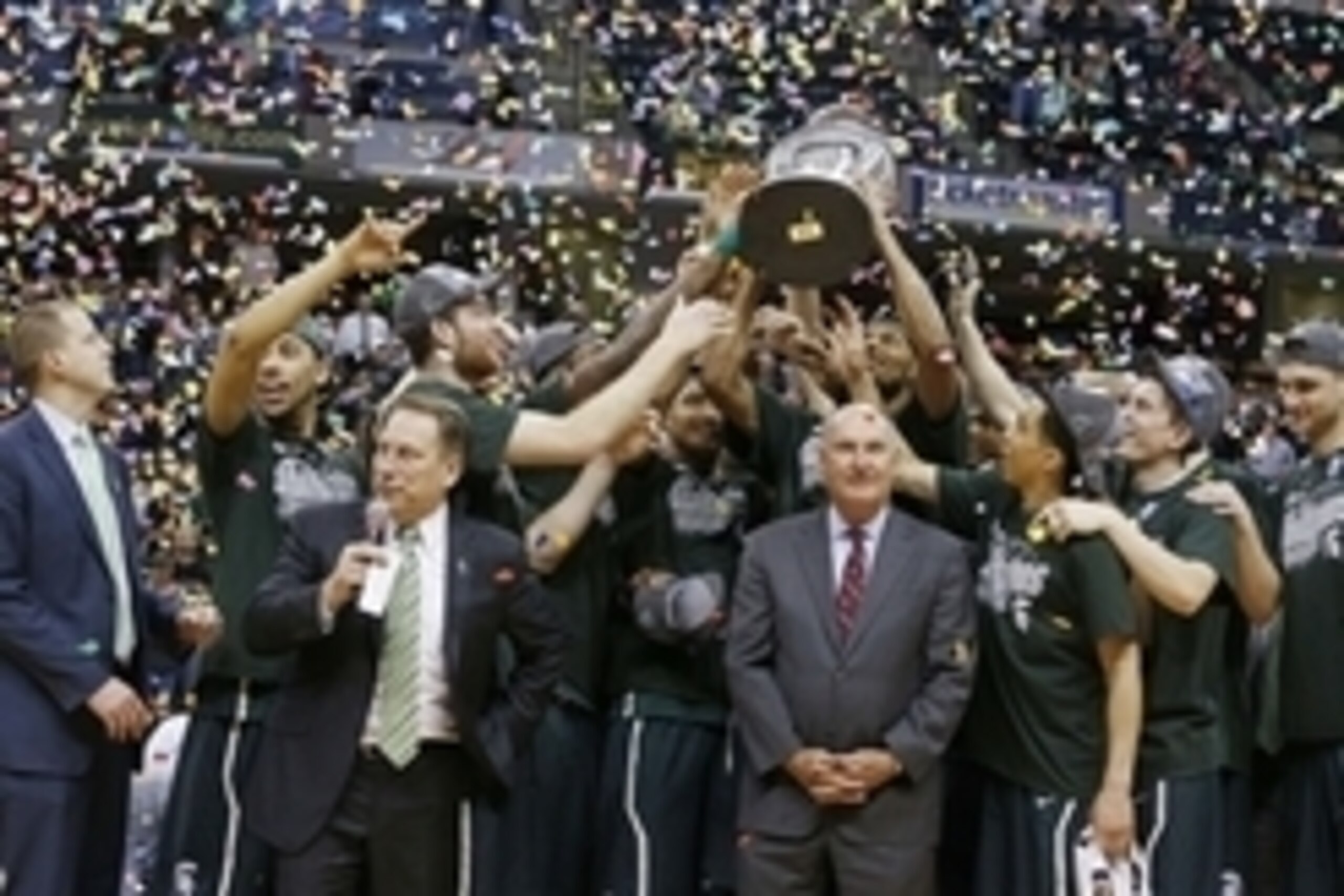 MIchigan State players celebrate winning the 2014 Big Ten Tournament in Indianapolis on March 16