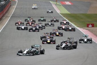 Drivers fight for position at the start of the British Grand Prix.