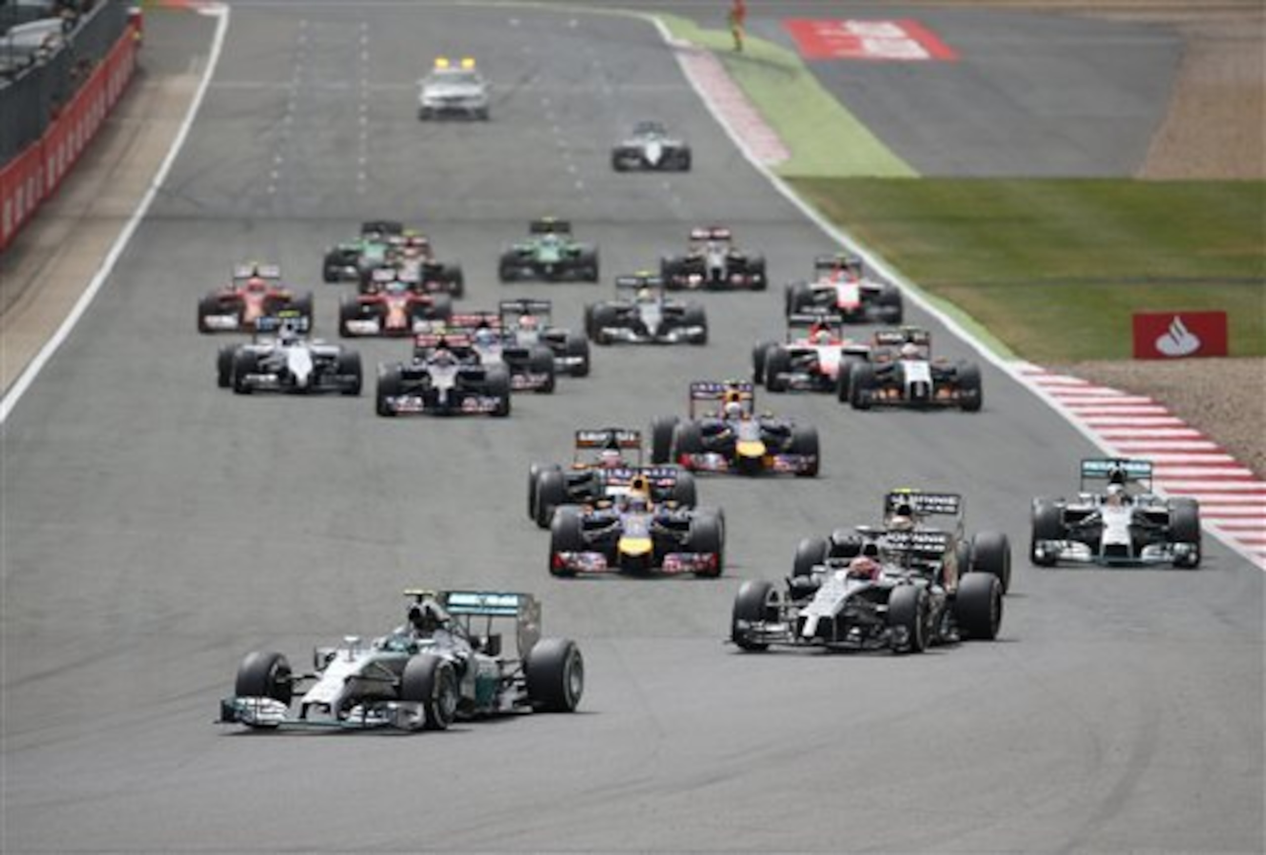 Drivers fight for position at the start of the British Grand Prix.