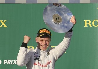 Magnussen on the podium in Australia.