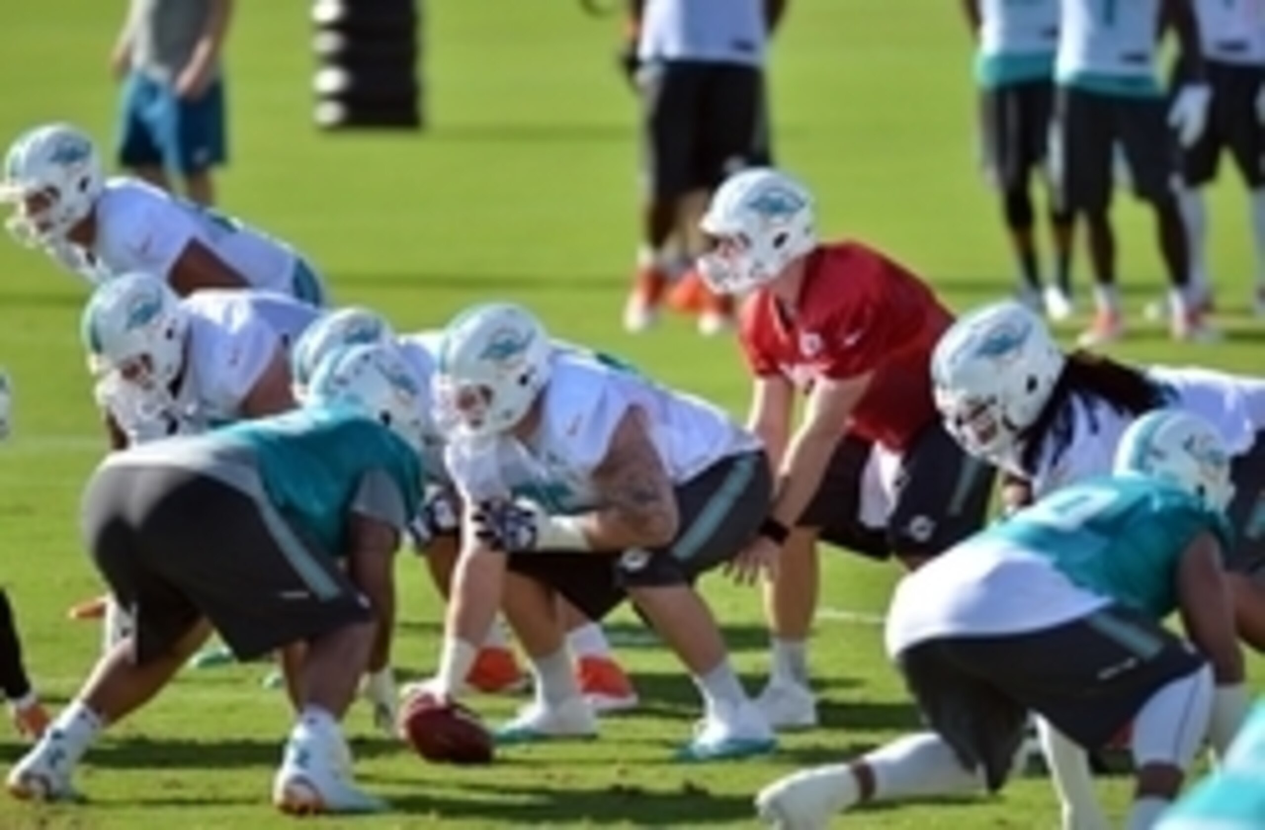 Jul 25, 2014; Davie, FL, USA; Miami Dolphins center Sam Brenner (65) snaps the ball to Miami Dolphins quarterback Ryan Tannehill (17) during practice at Miami Dolphins Training Facility. Mandatory Credit: Steve Mitchell-USA TODAY Sports