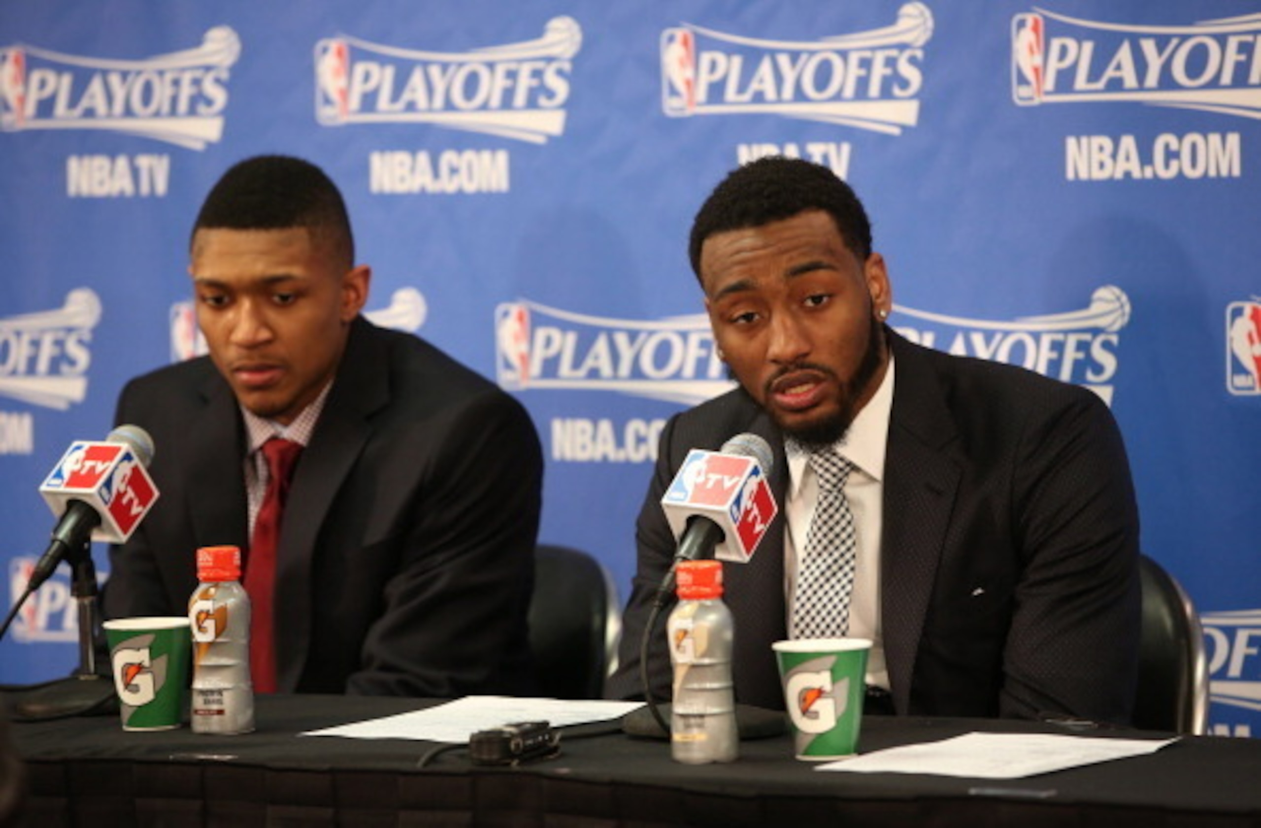 CHICAGO, IL - APRIL 29: Bradley Beal #3 and John Wall #2 of the Washington Wizards address the media after Game 5 of the Eastern Conference Quarterfinals against the Chicago Bulls in the 2014 NBA Playoffs on April 29, 2014 at the United Center in Chicago,