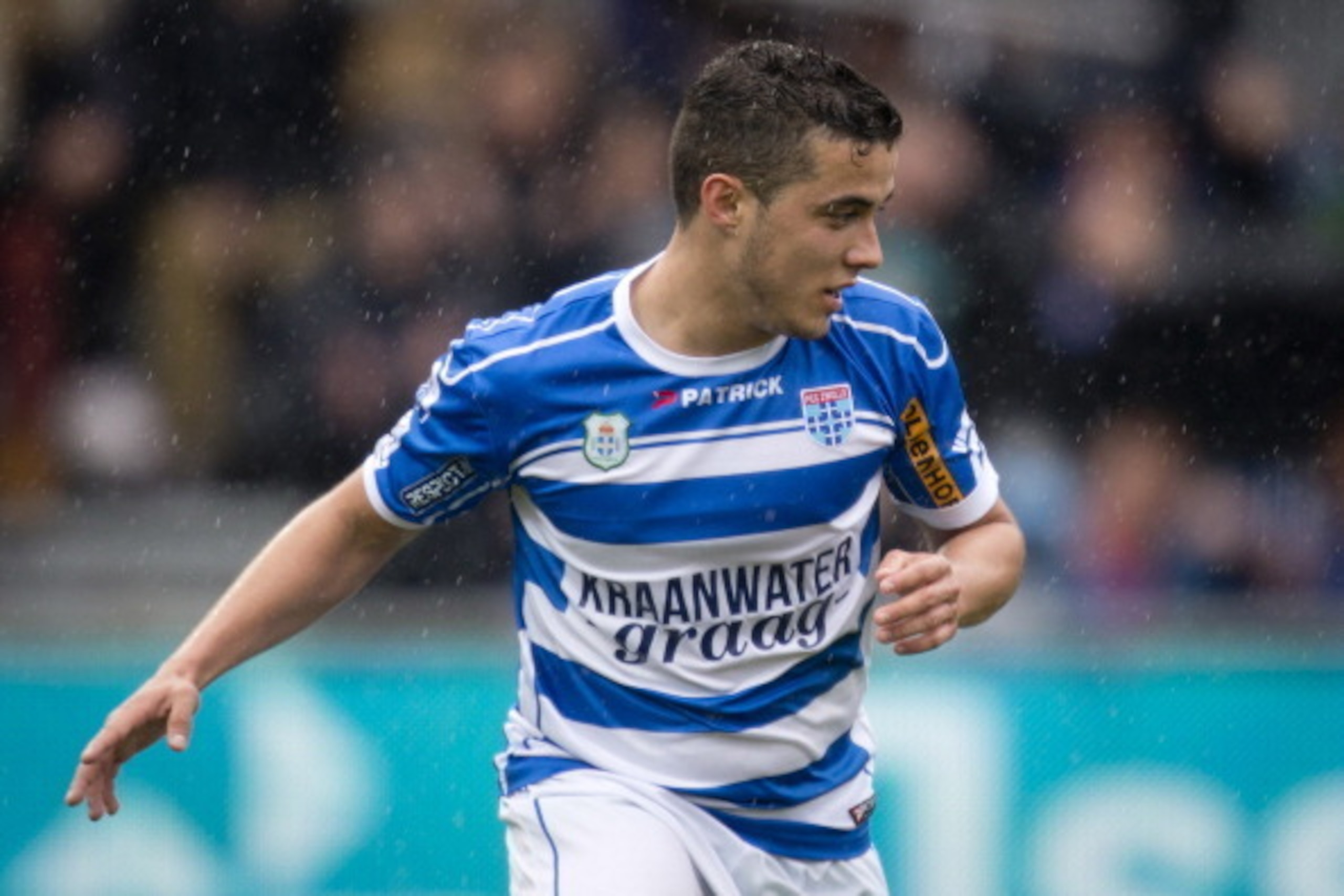ZWOLLE,NETHERLANDS - APRIL 27:   Mustafa Saymak of PEC Zwolle in action during the Eredivisie Dutch League match between PEC Zwolle and PSV Eindhoven at the IJsseldelta Stadion on April 27,2014 in Zwolle,Netherlands. (Photo by Evert-Jan Daniels/EuroFootba