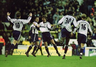 Tim Sherwood and his Tottenham team-mates celebrate as they take a 2-0 second-leg lead against Chelsea in the 2002 League Cup semi-final.