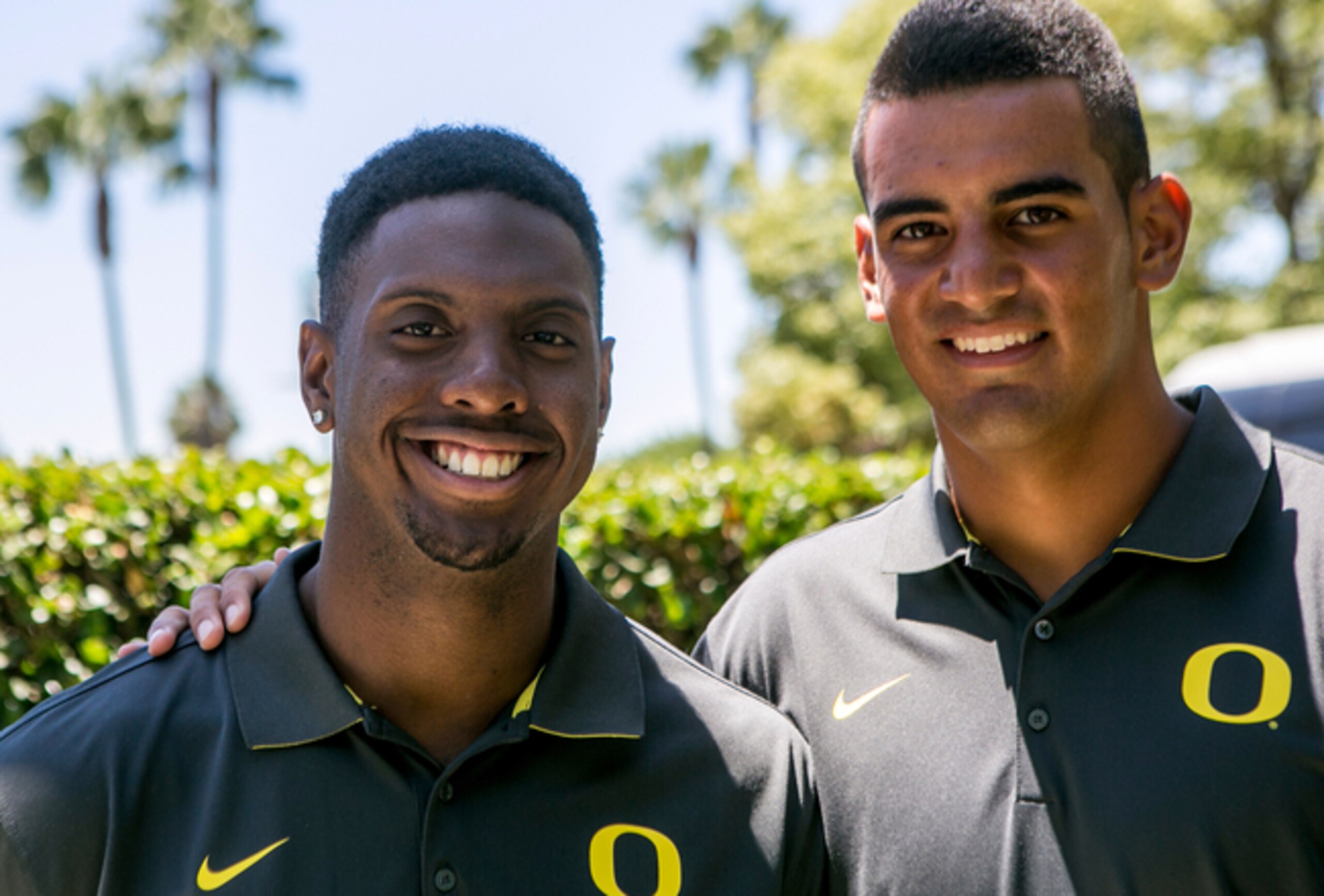 Oregon's Ifo Ekpre-Olomu and Marcus Mariota at media day